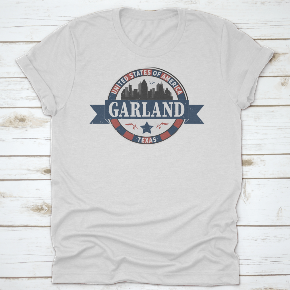 Vintage Stamp Design travel shirt featuring Garland Texas USA, showcasing a unique design on a comfortable cotton fabric.