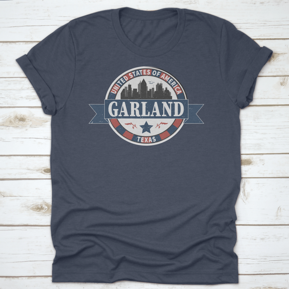 Vintage Stamp Design travel shirt featuring Garland Texas USA, showcasing a unique design on a comfortable cotton fabric.