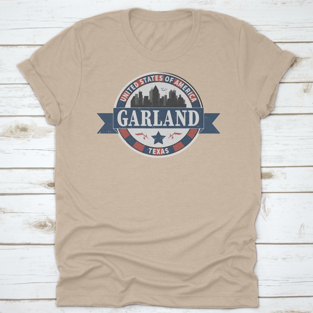 Vintage Stamp Design travel shirt featuring Garland Texas USA, showcasing a unique design on a comfortable cotton fabric.