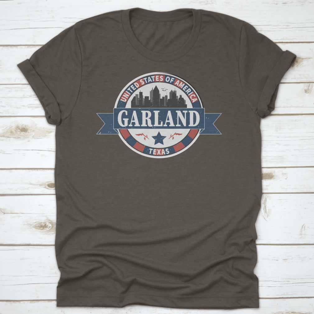 Vintage Stamp Design travel shirt featuring Garland Texas USA, showcasing a unique design on a comfortable cotton fabric.
