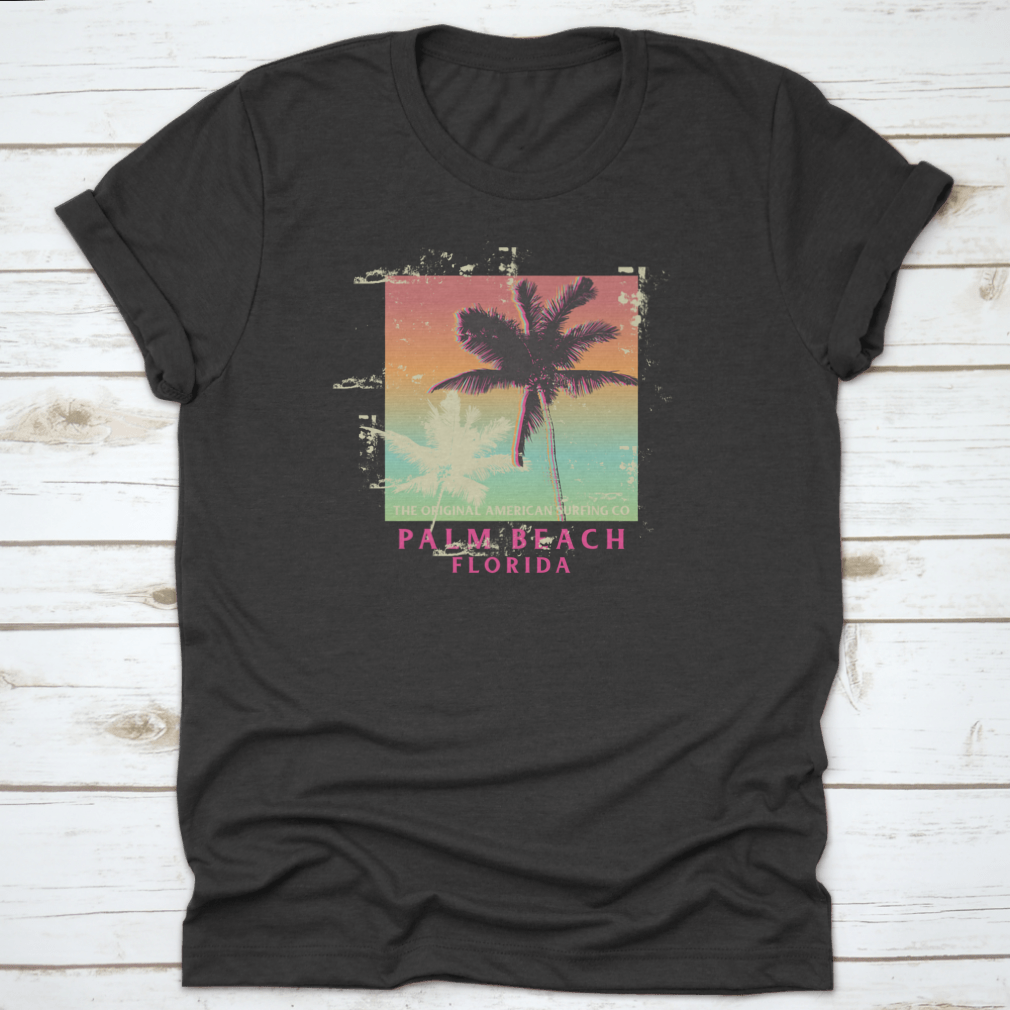 Vintage Surf Design T-shirt featuring palm trees and beach elements, perfect for Florida beach lovers.