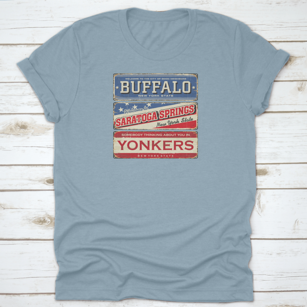 Vintage tin sign featuring iconic imagery from Buffalo and Saratoga, showcasing classic American design.