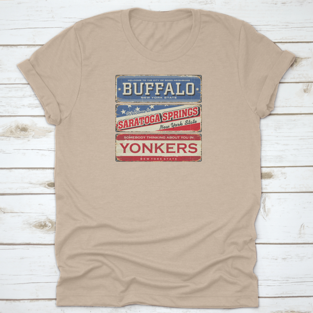 Vintage tin sign featuring iconic imagery from Buffalo and Saratoga, showcasing classic American design.