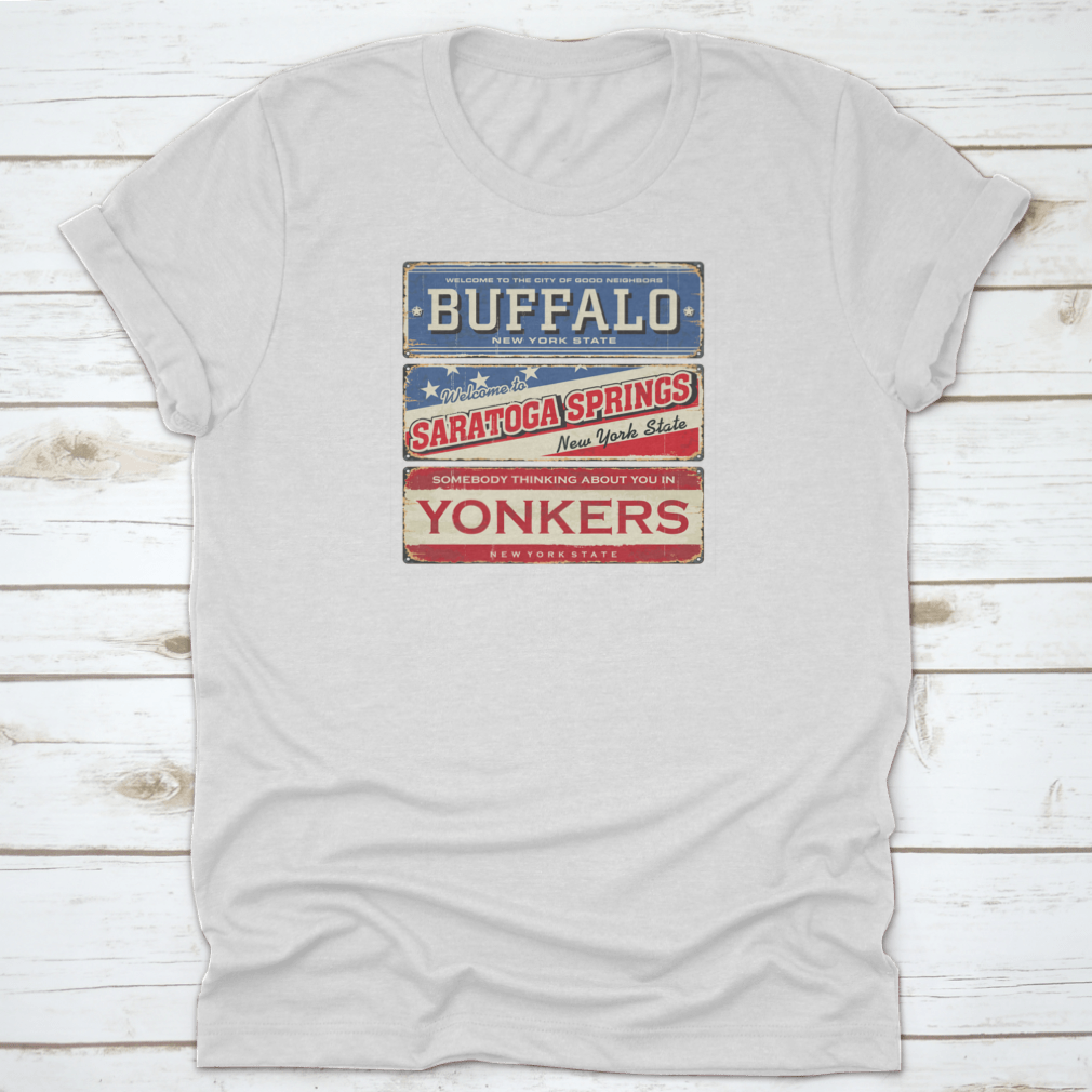 Vintage tin sign featuring iconic imagery from Buffalo and Saratoga, showcasing classic American design.