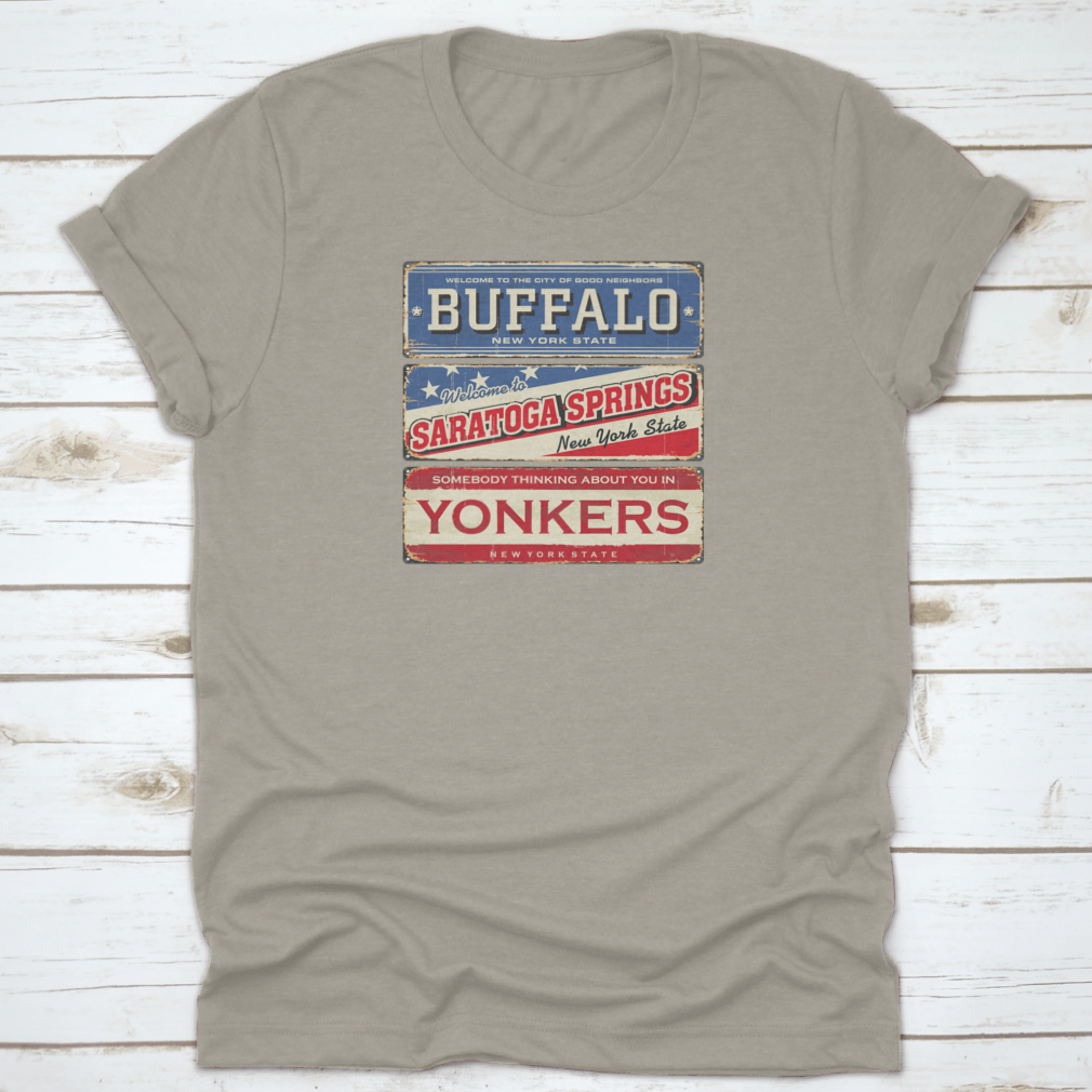 Vintage tin sign featuring iconic imagery from Buffalo and Saratoga, showcasing classic American design.