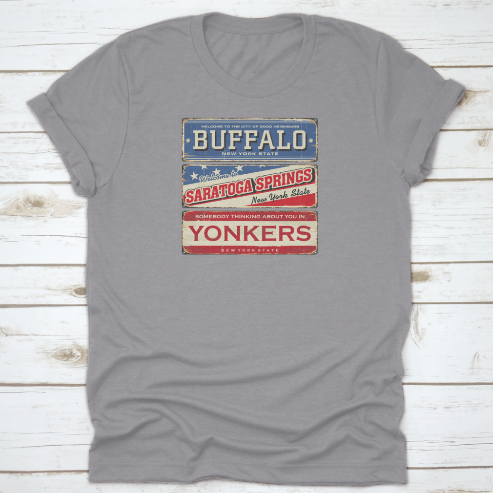 Vintage tin sign featuring iconic imagery from Buffalo and Saratoga, showcasing classic American design.