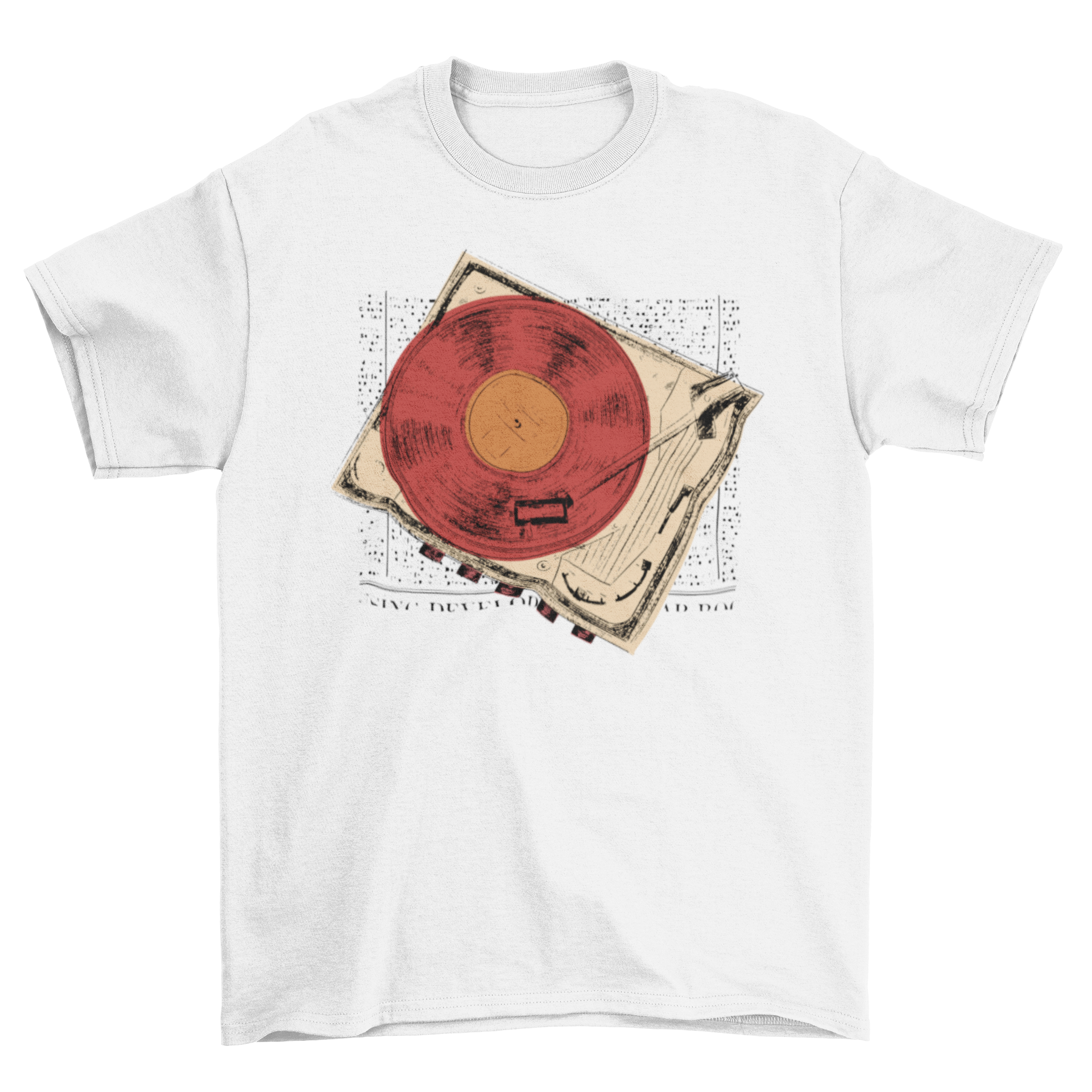 A stylish vintage turntable vinyl t-shirt featuring a retro turntable graphic and vinyl disc design.