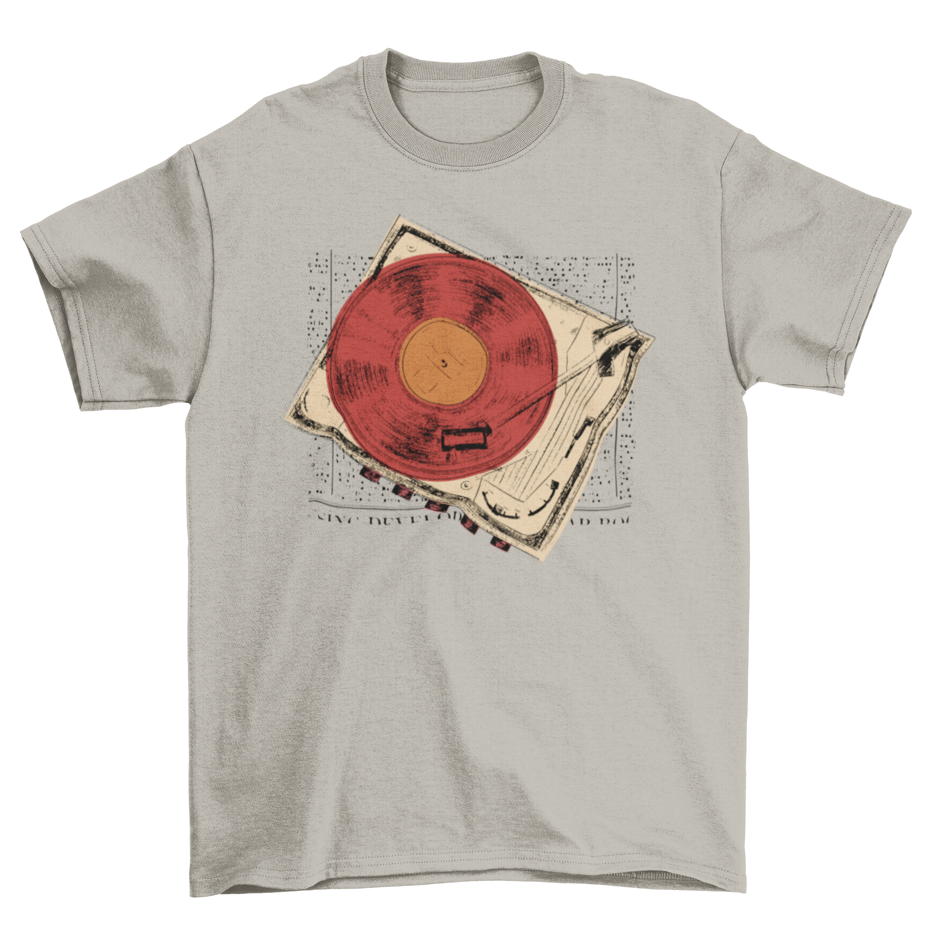 A stylish vintage turntable vinyl t-shirt featuring a retro turntable graphic and vinyl disc design.