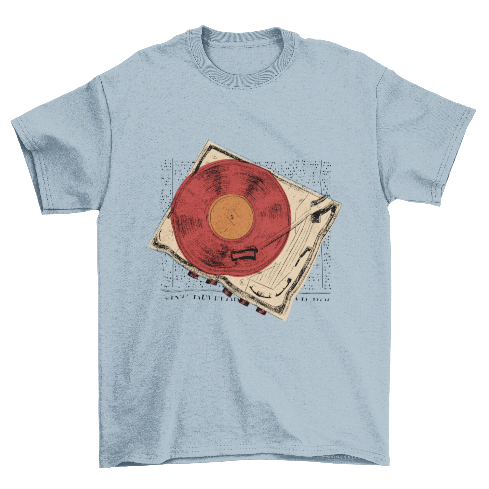 A stylish vintage turntable vinyl t-shirt featuring a retro turntable graphic and vinyl disc design.