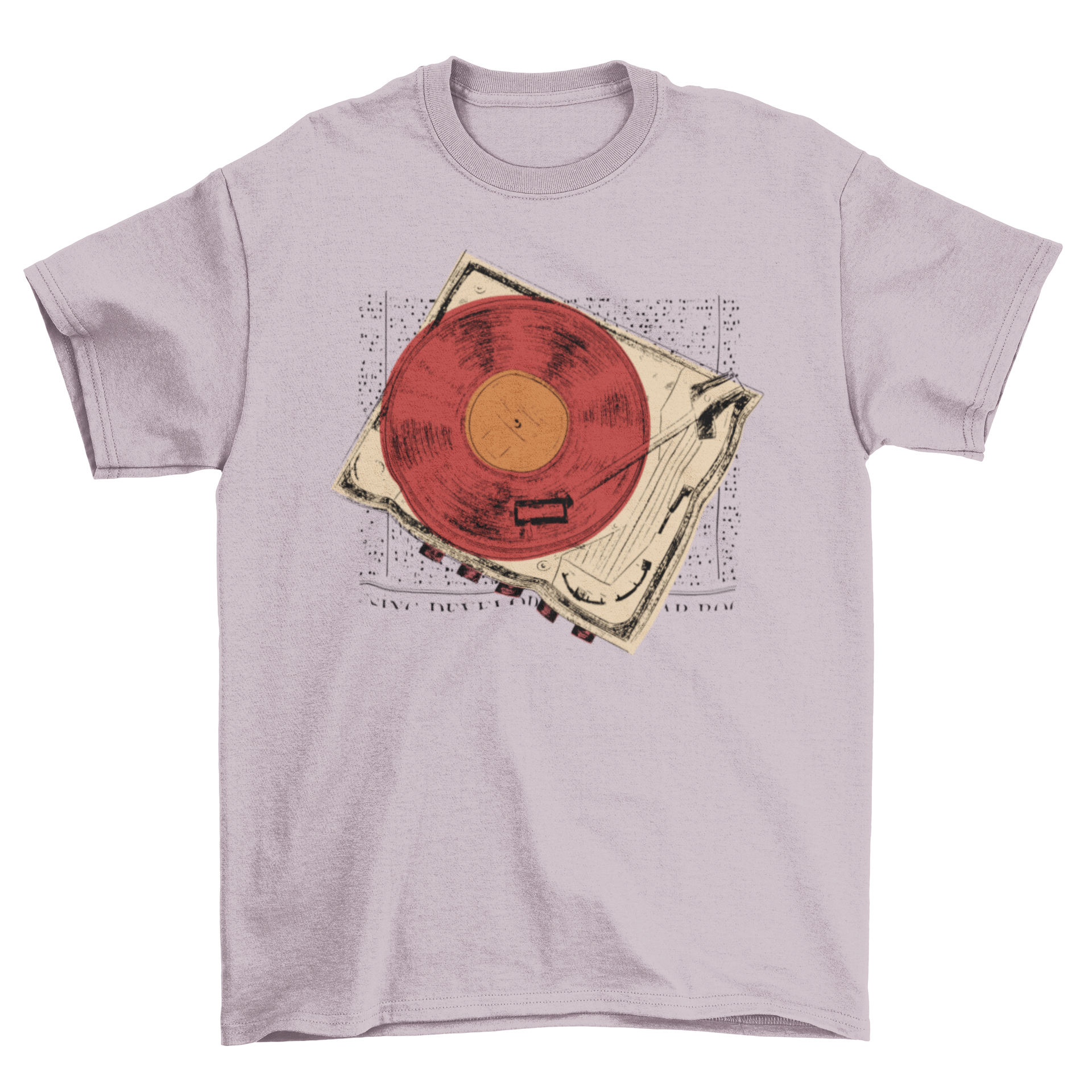 A stylish vintage turntable vinyl t-shirt featuring a retro turntable graphic and vinyl disc design.