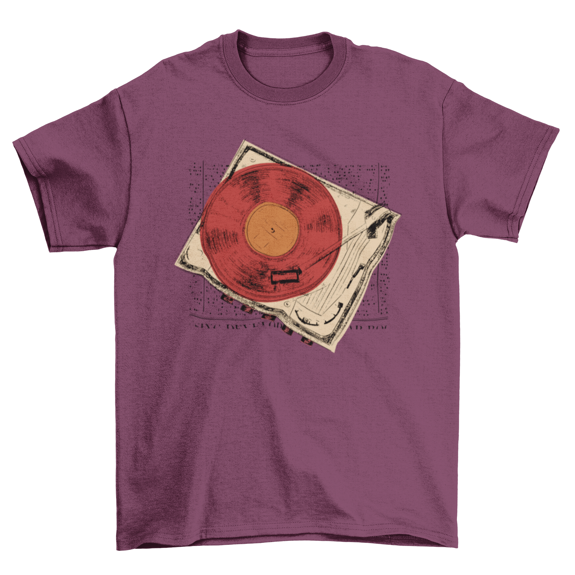 A stylish vintage turntable vinyl t-shirt featuring a retro turntable graphic and vinyl disc design.