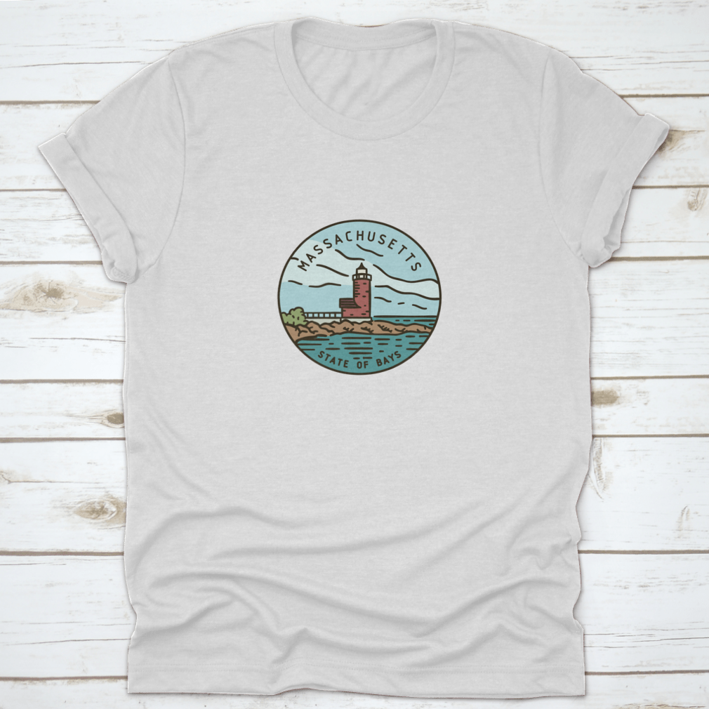 Vintage vector round label featuring the Massachusetts Lighthouse Ocran design on a cotton fabric.