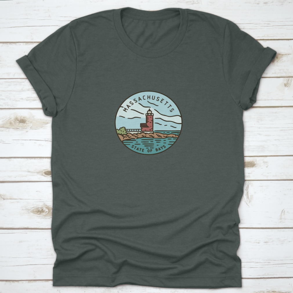 Vintage vector round label featuring the Massachusetts Lighthouse Ocran design on a cotton fabric.