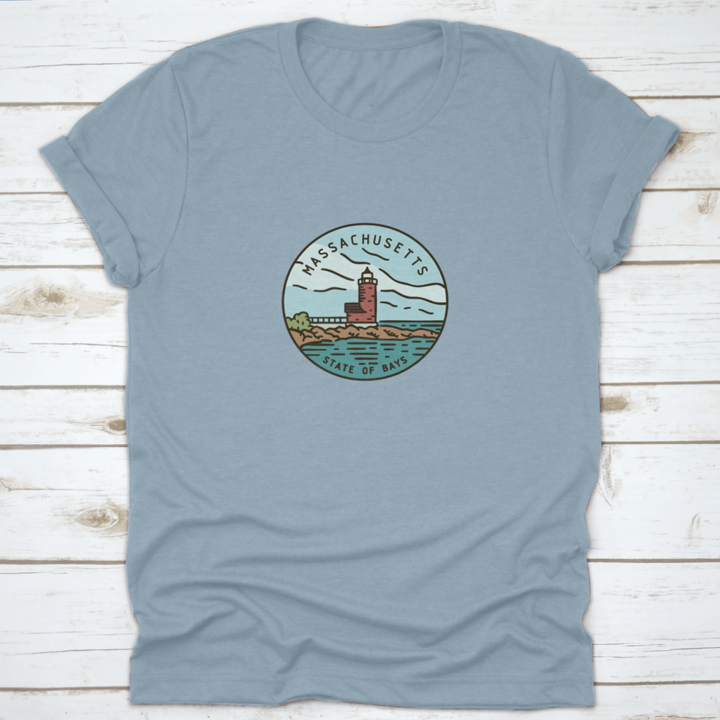 Vintage vector round label featuring the Massachusetts Lighthouse Ocran design on a cotton fabric.