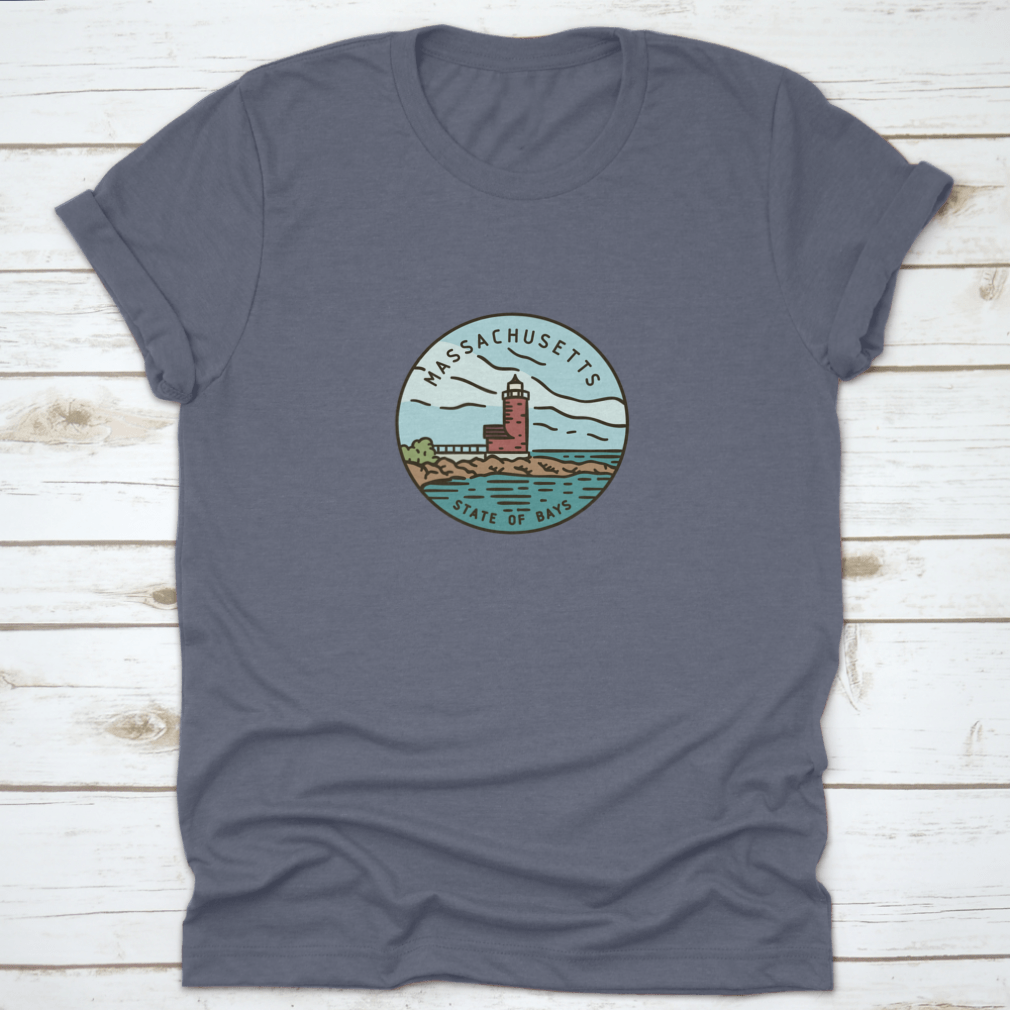 Vintage vector round label featuring the Massachusetts Lighthouse Ocran design on a cotton fabric.