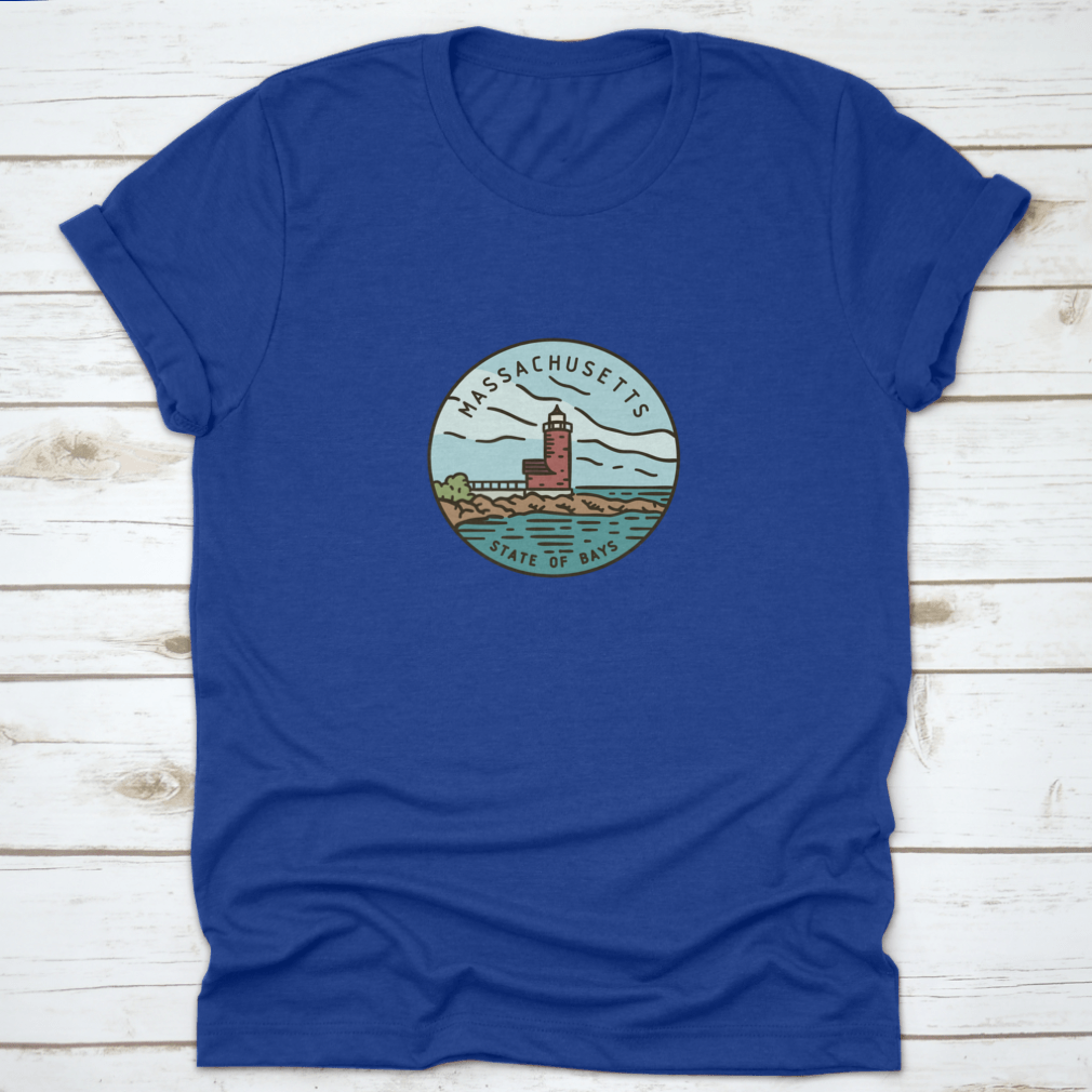 Vintage vector round label featuring the Massachusetts Lighthouse Ocran design on a cotton fabric.