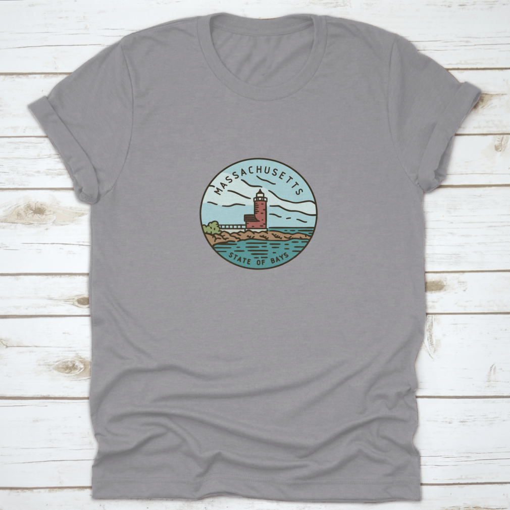 Vintage vector round label featuring the Massachusetts Lighthouse Ocran design on a cotton fabric.