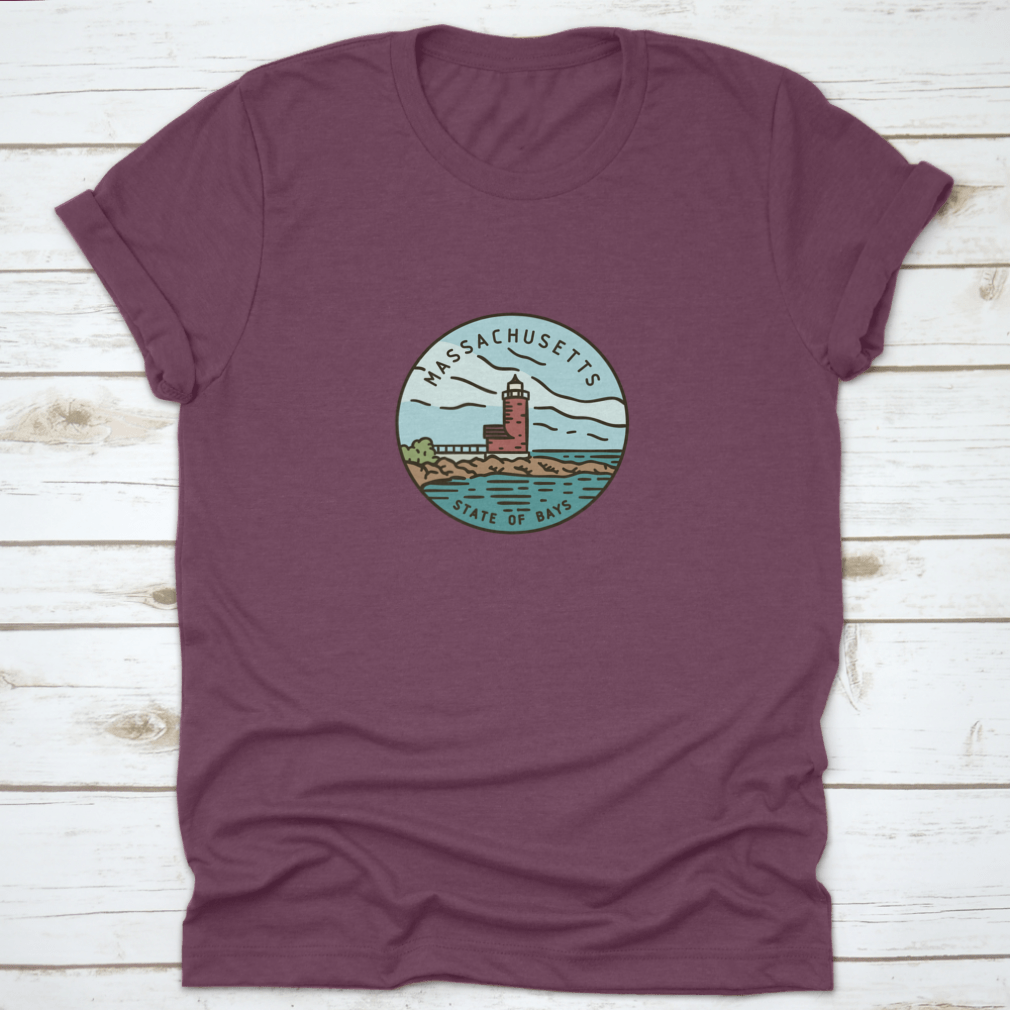 Vintage vector round label featuring the Massachusetts Lighthouse Ocran design on a cotton fabric.