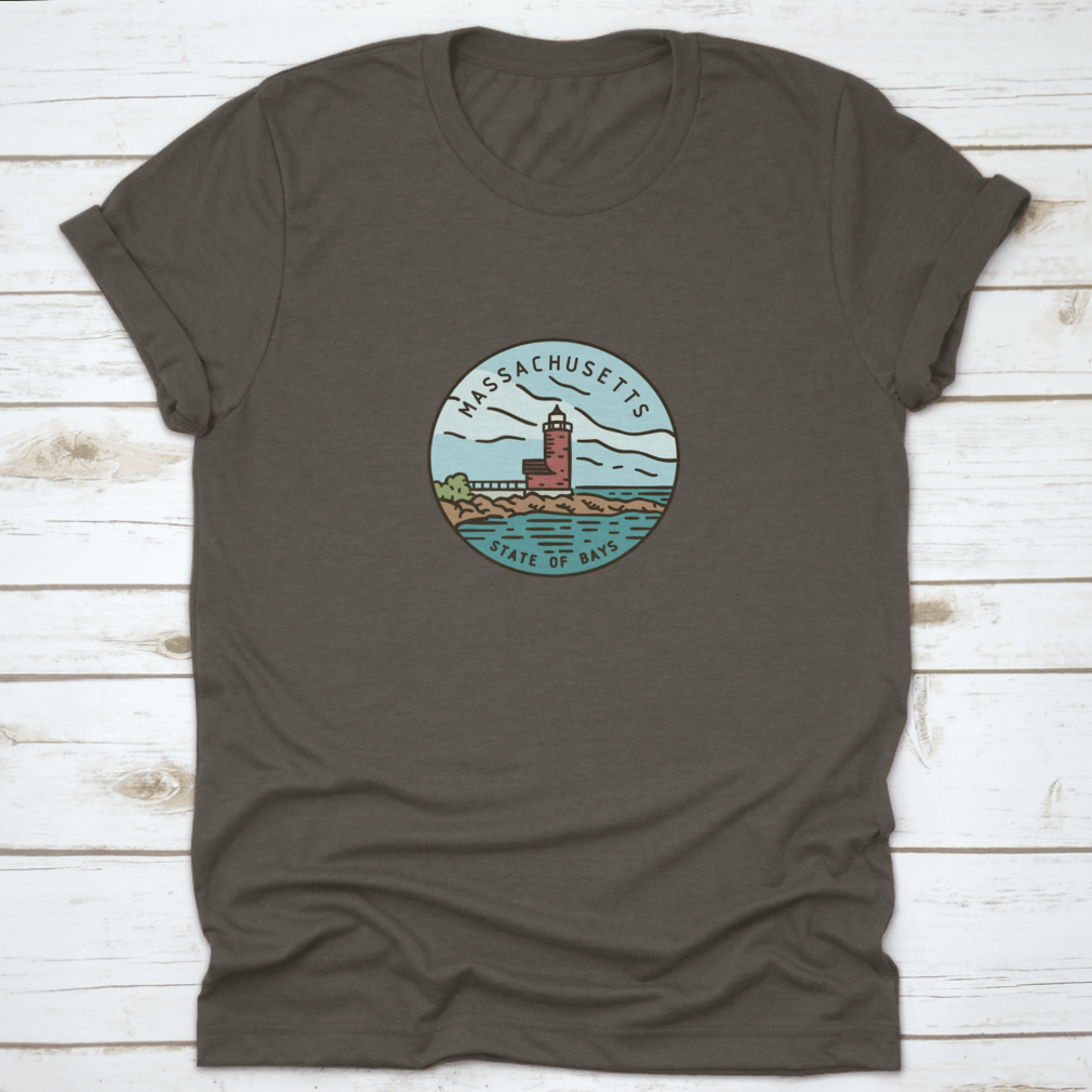 Vintage vector round label featuring the Massachusetts Lighthouse Ocran design on a cotton fabric.