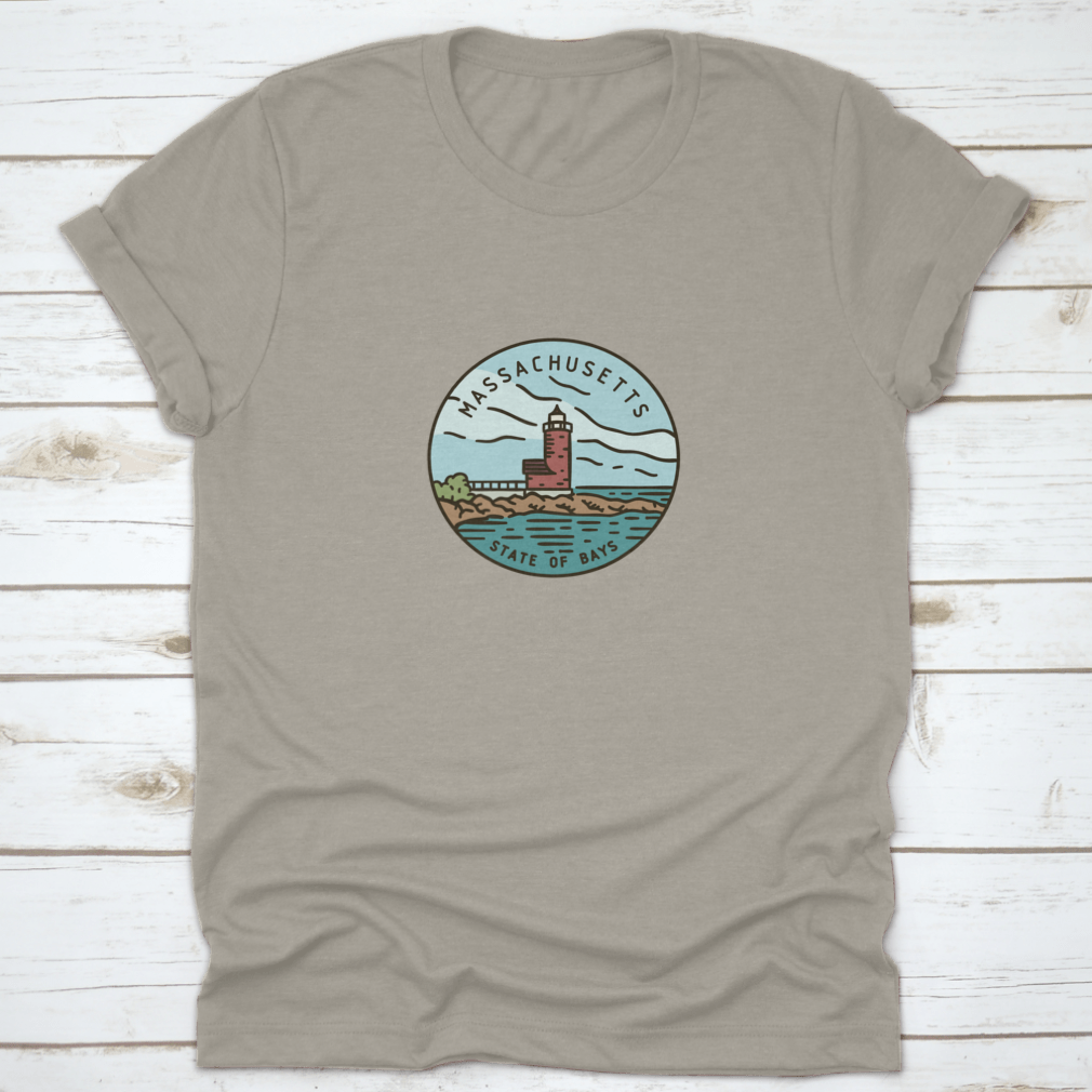 Vintage vector round label featuring the Massachusetts Lighthouse Ocran design on a cotton fabric.