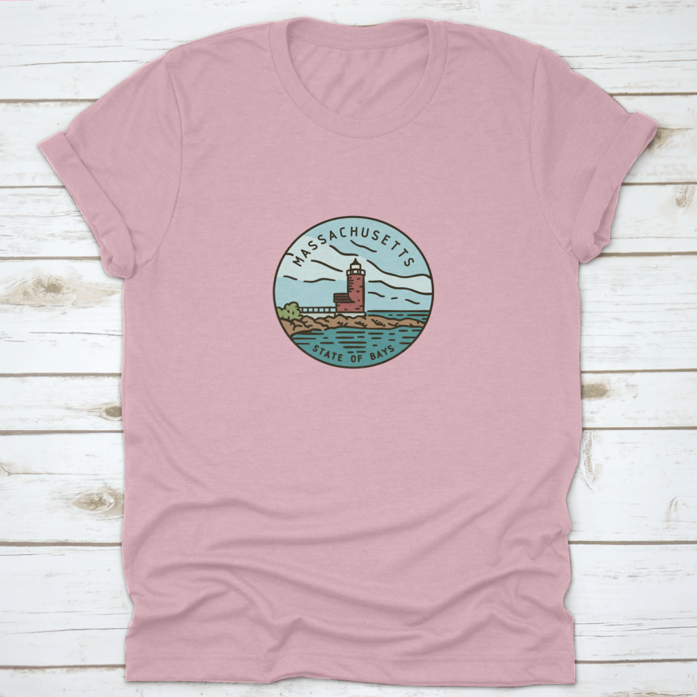Vintage vector round label featuring the Massachusetts Lighthouse Ocran design on a cotton fabric.