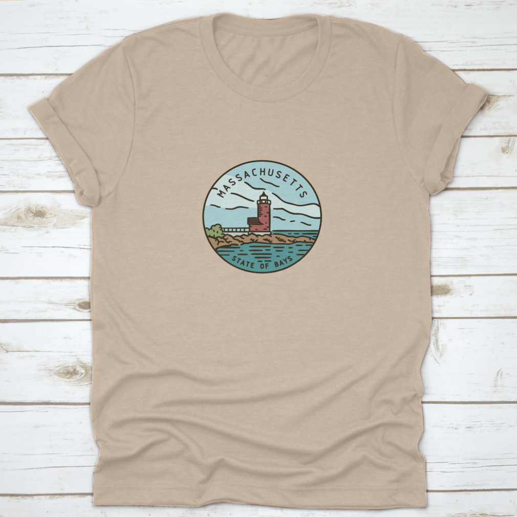 Vintage vector round label featuring the Massachusetts Lighthouse Ocran design on a cotton fabric.