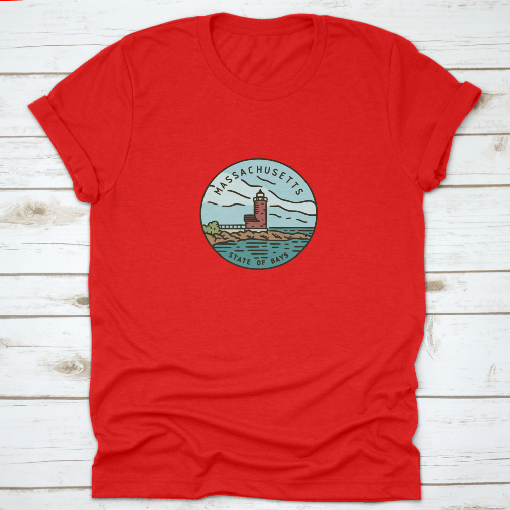 Vintage vector round label featuring the Massachusetts Lighthouse Ocran design on a cotton fabric.