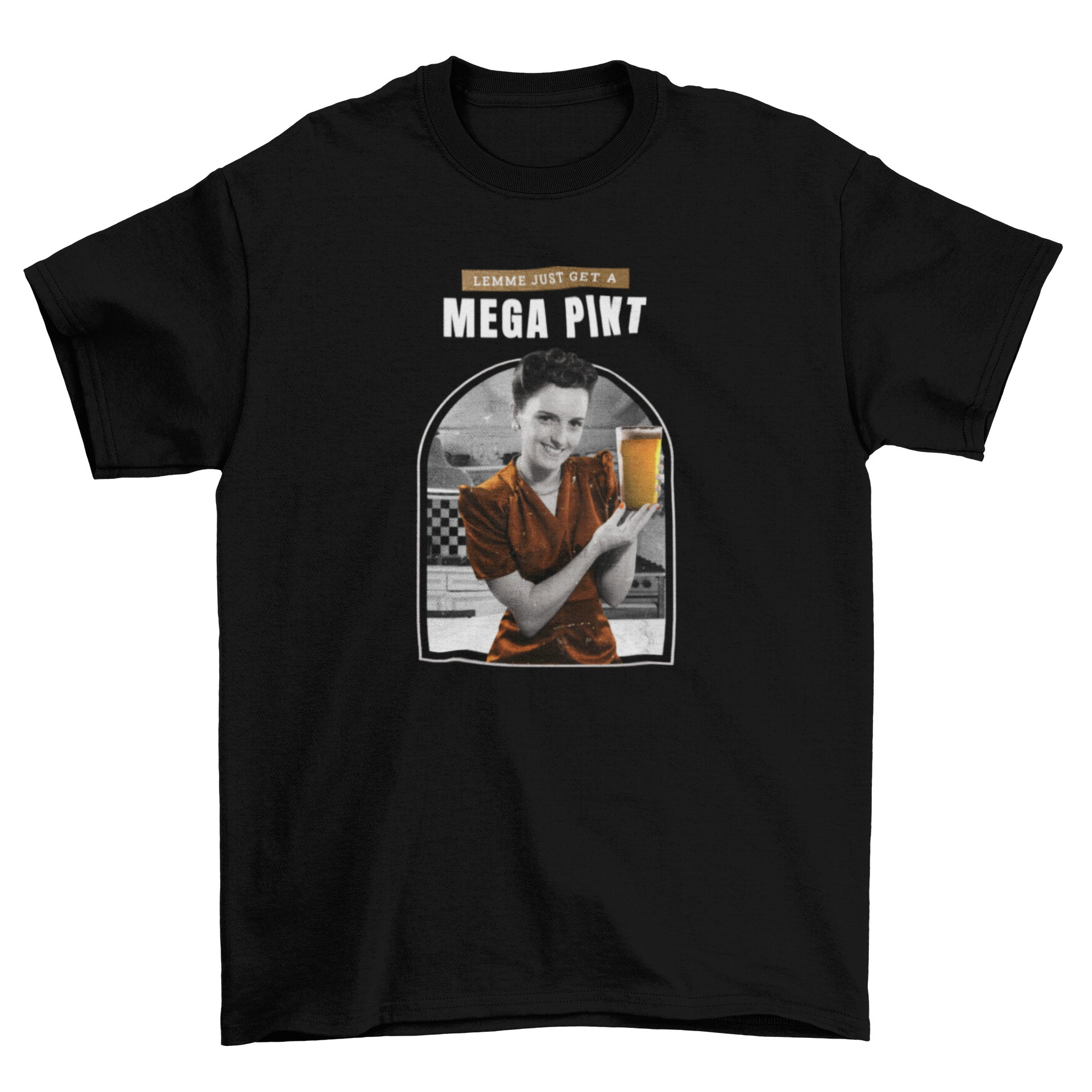 Vintage waitress beer t-shirt featuring a waitress holding a beer with the quote 'Lemme just get a mega pint'.