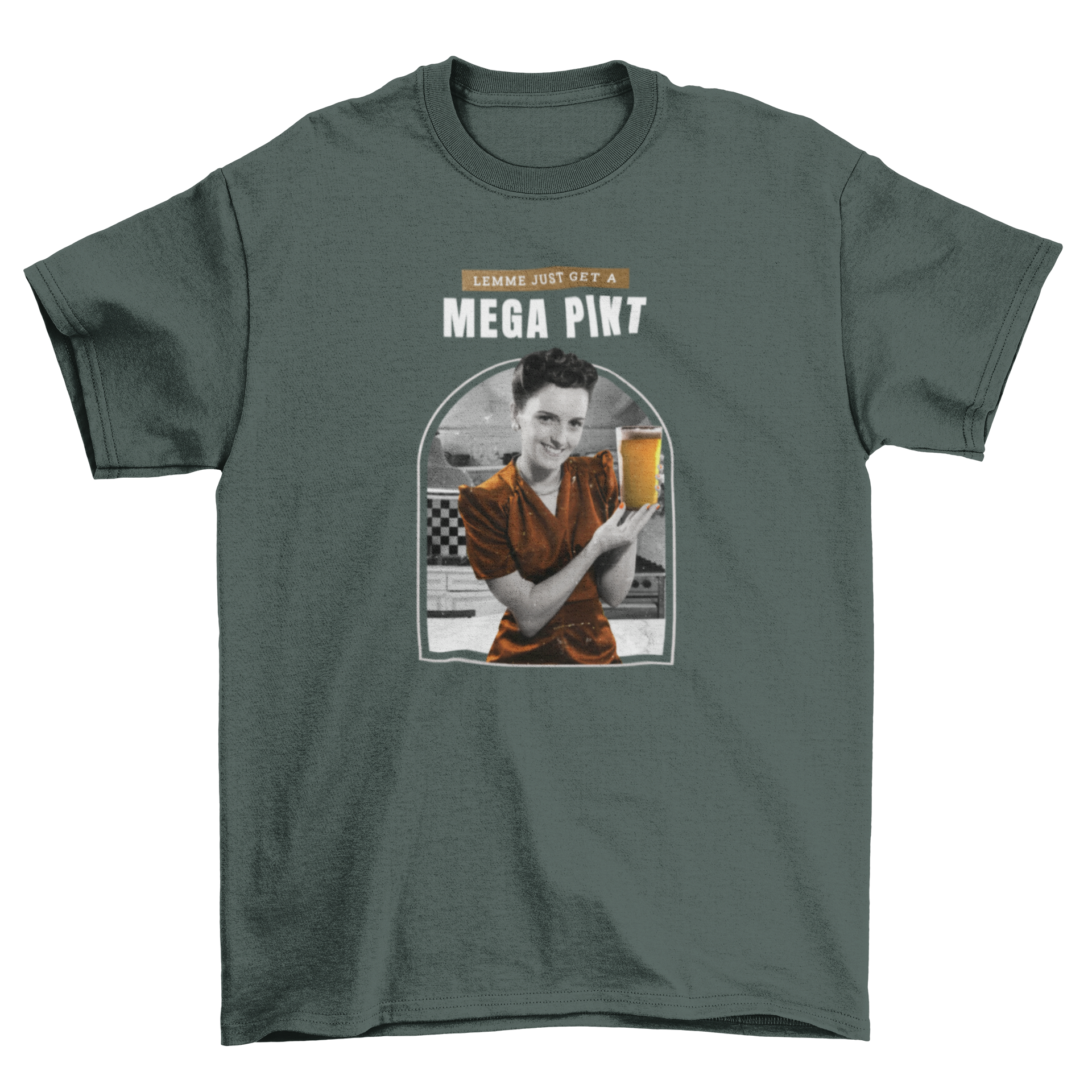 Vintage waitress beer t-shirt featuring a waitress holding a beer with the quote 'Lemme just get a mega pint'.