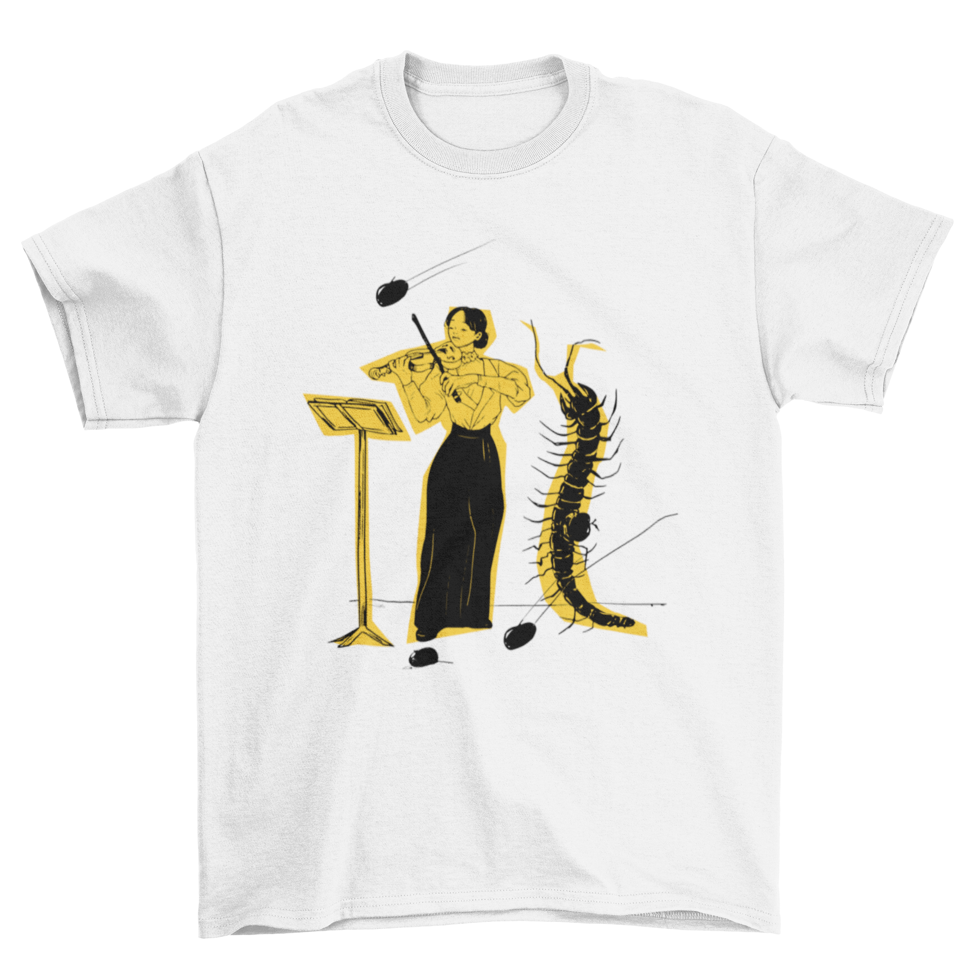 A stylish t-shirt featuring a woman playing the violin with a large insect beside her, showcasing a unique artistic design.