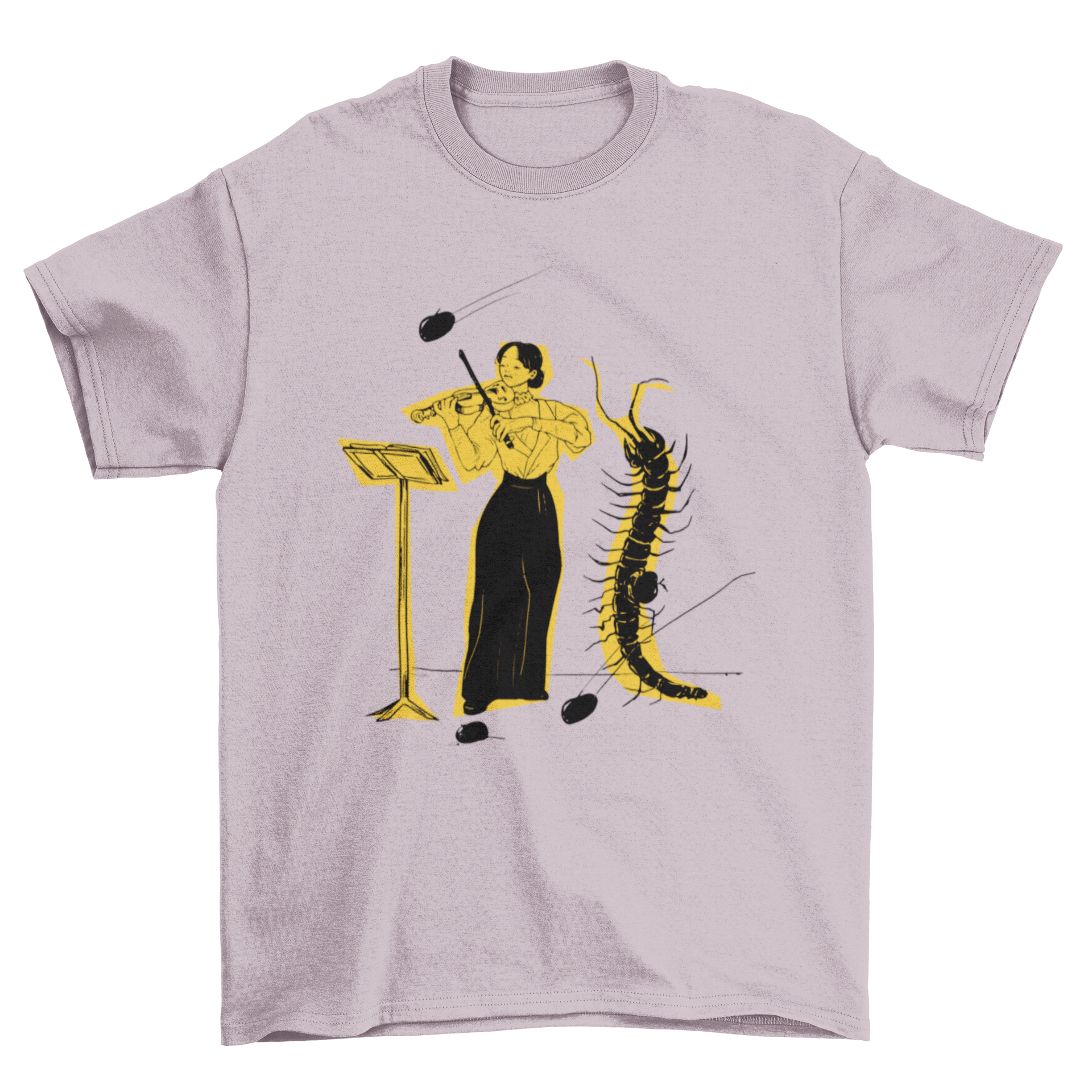 A stylish t-shirt featuring a woman playing the violin with a large insect beside her, showcasing a unique artistic design.