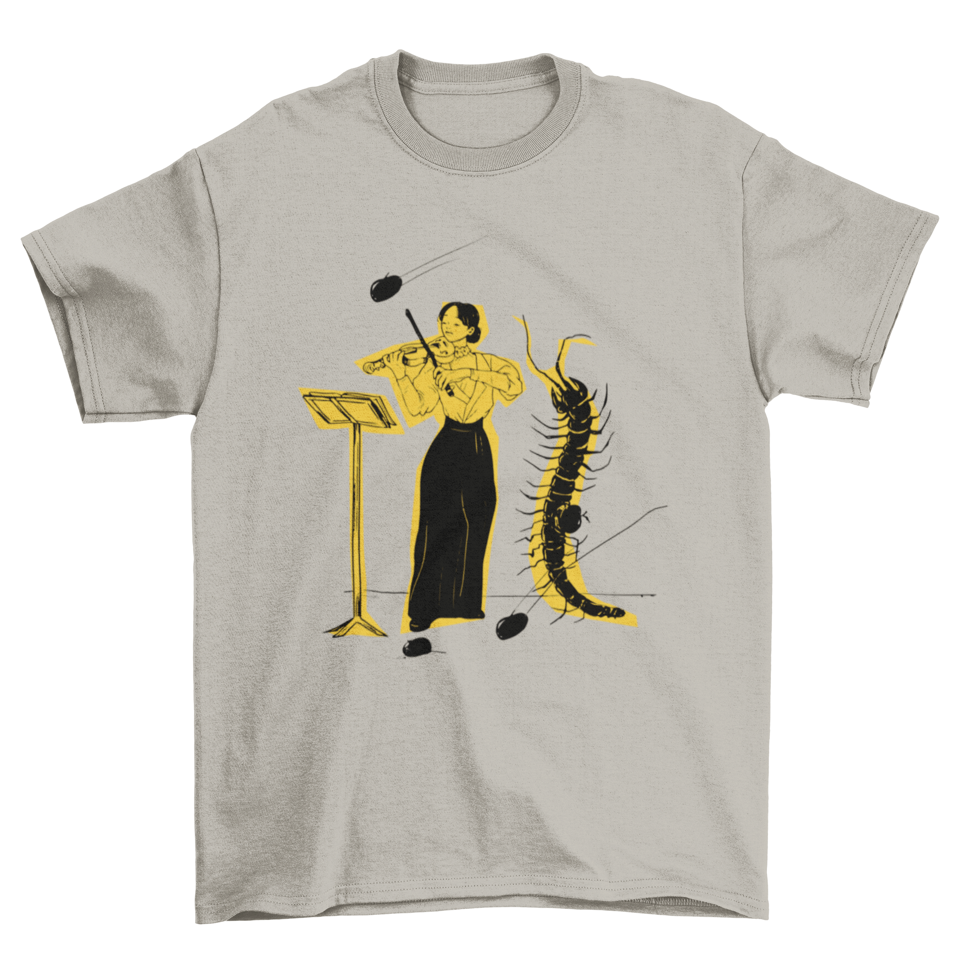 A stylish t-shirt featuring a woman playing the violin with a large insect beside her, showcasing a unique artistic design.