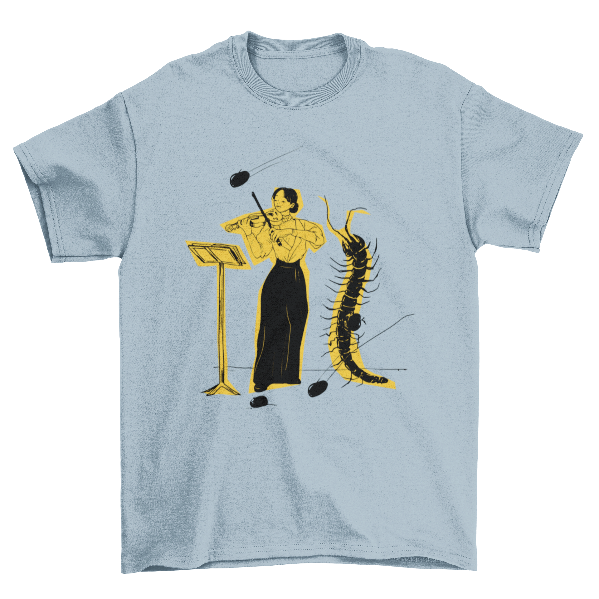 A stylish t-shirt featuring a woman playing the violin with a large insect beside her, showcasing a unique artistic design.