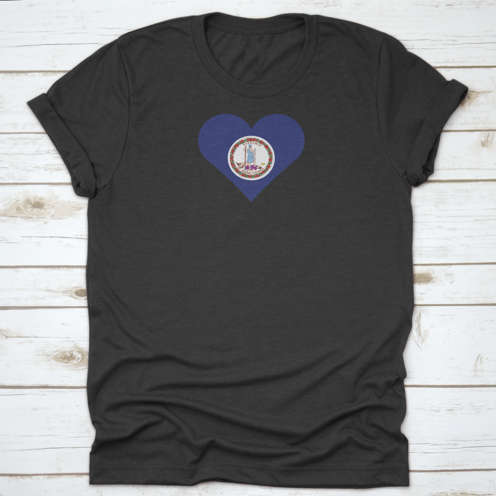 Virginia Flag Heart t-shirt showcasing state pride with a stylish design, made from 100% cotton for comfort.