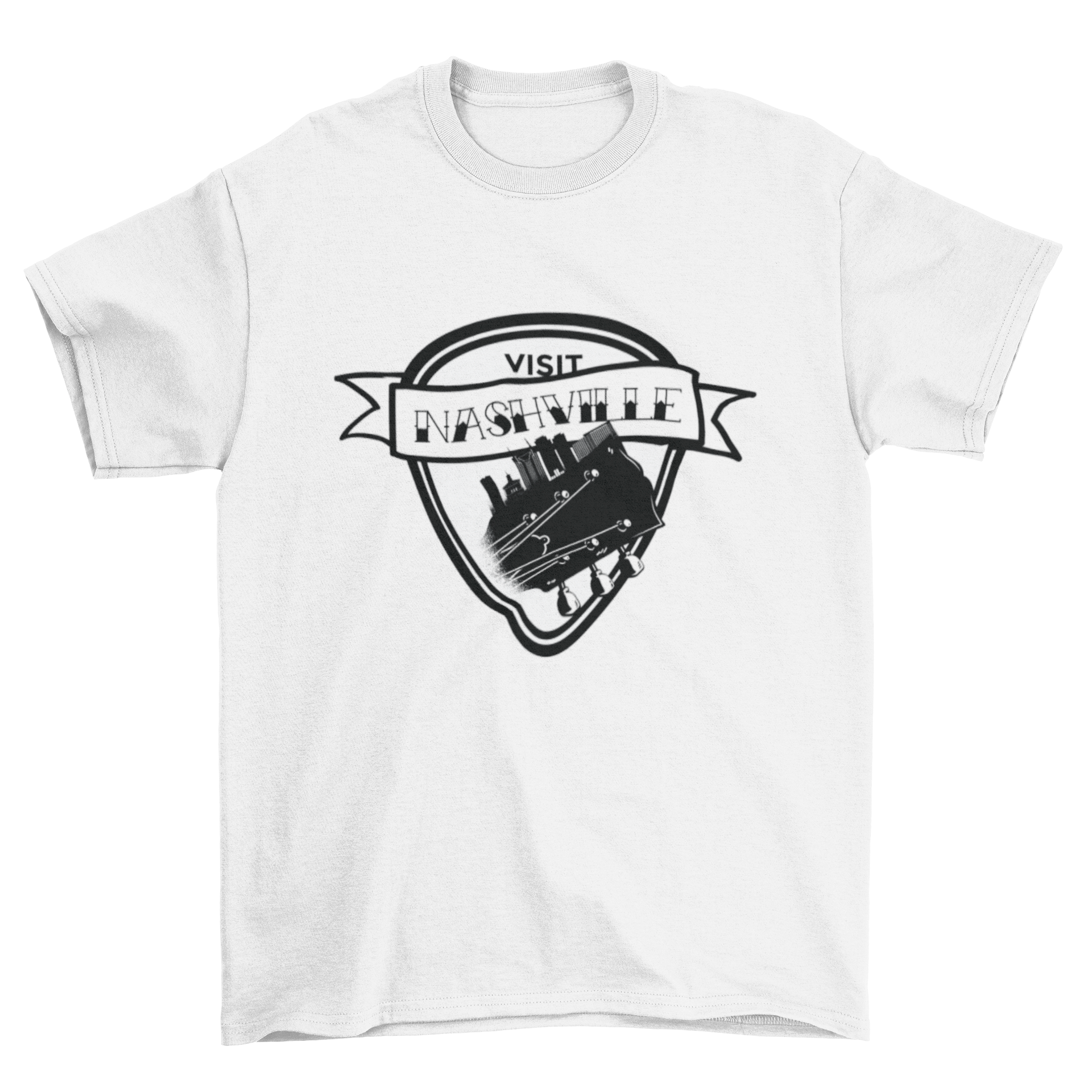 Visit Nashville t-shirt featuring a guitar design and quote.