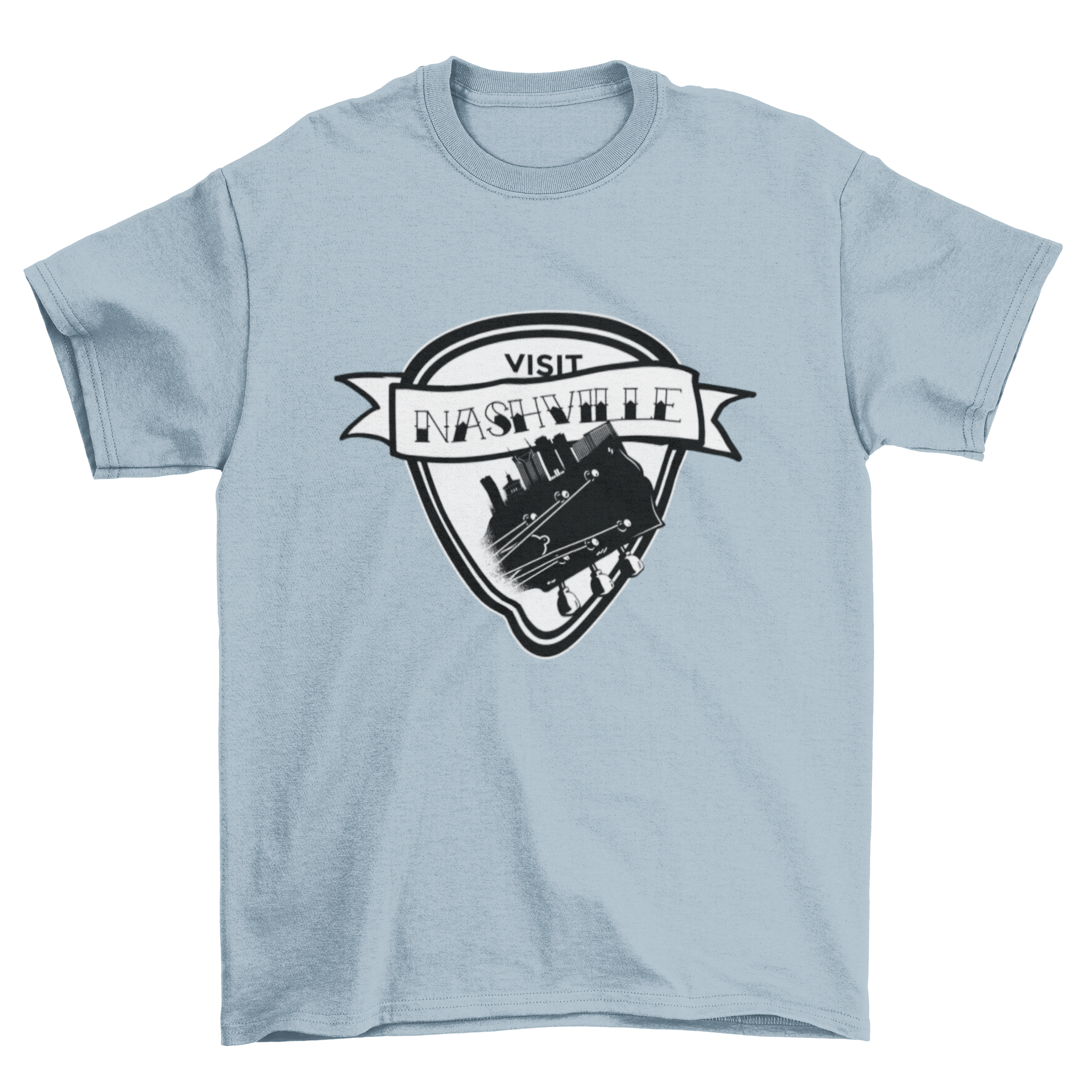 Visit Nashville t-shirt featuring a guitar design and quote.