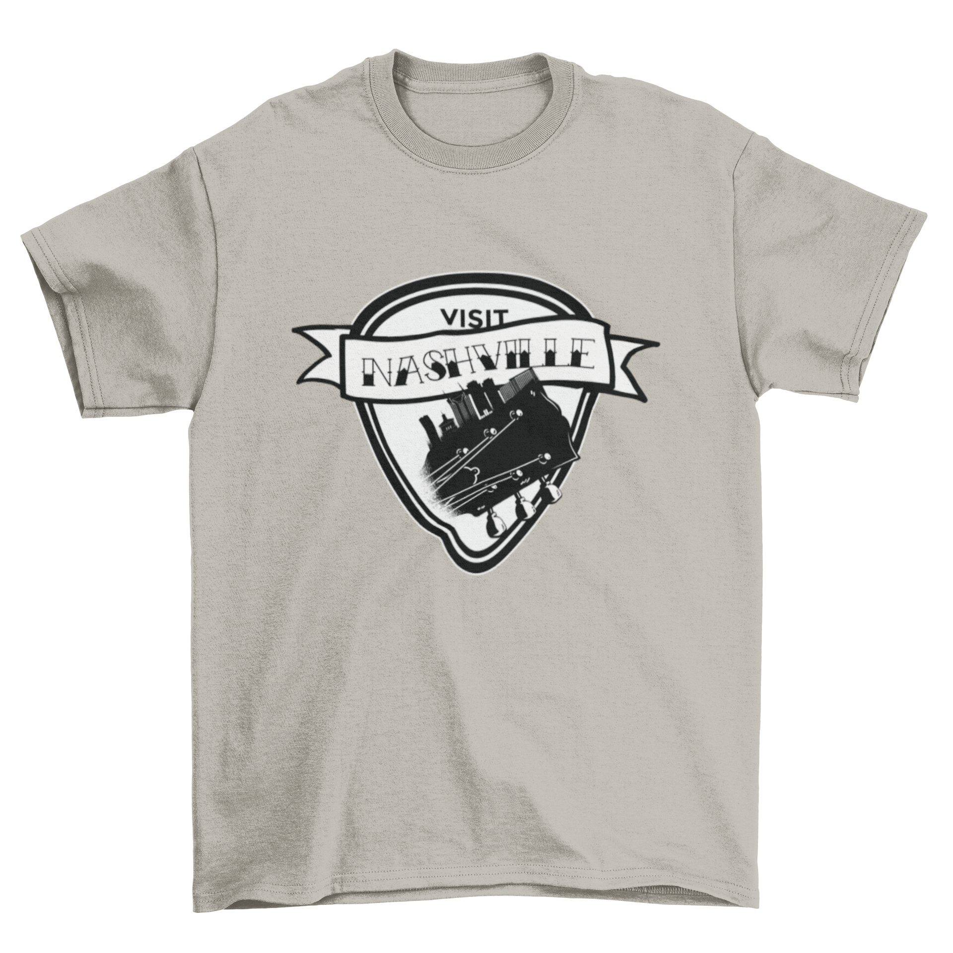 Visit Nashville t-shirt featuring a guitar design and quote.
