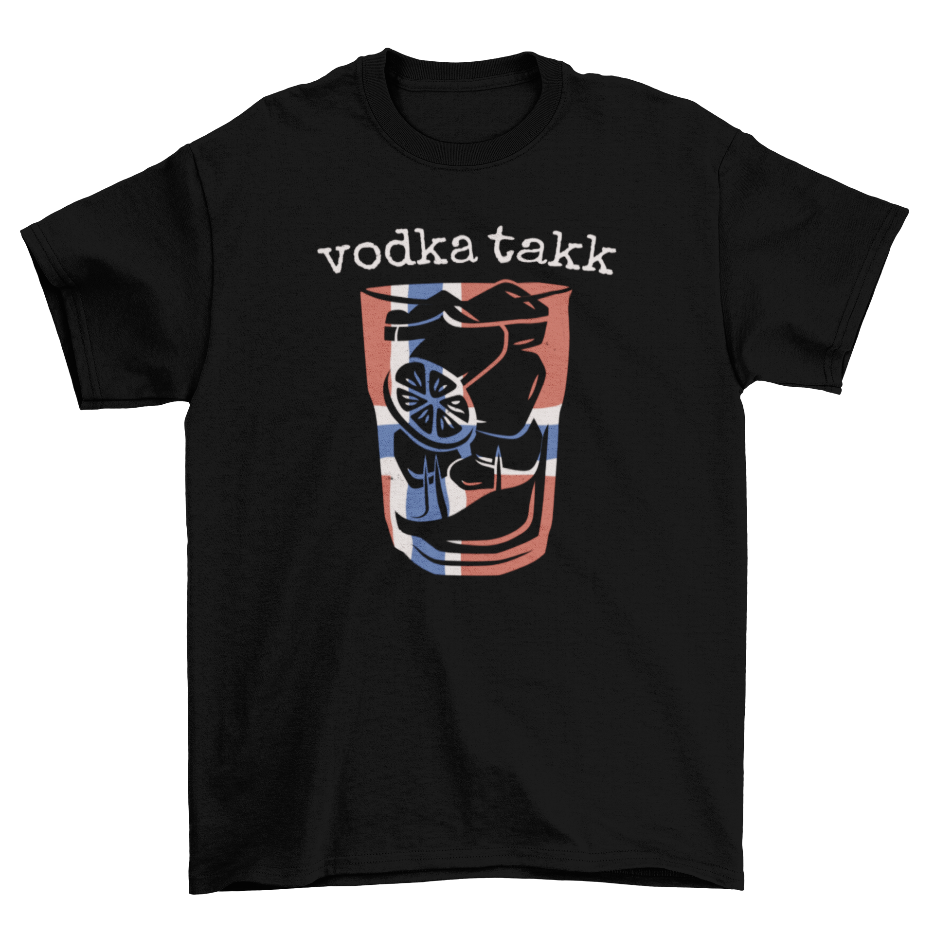 Vodka-themed t-shirt featuring a glass with lemons and ice, and a Norwegian quote that says 'Vodka please'.