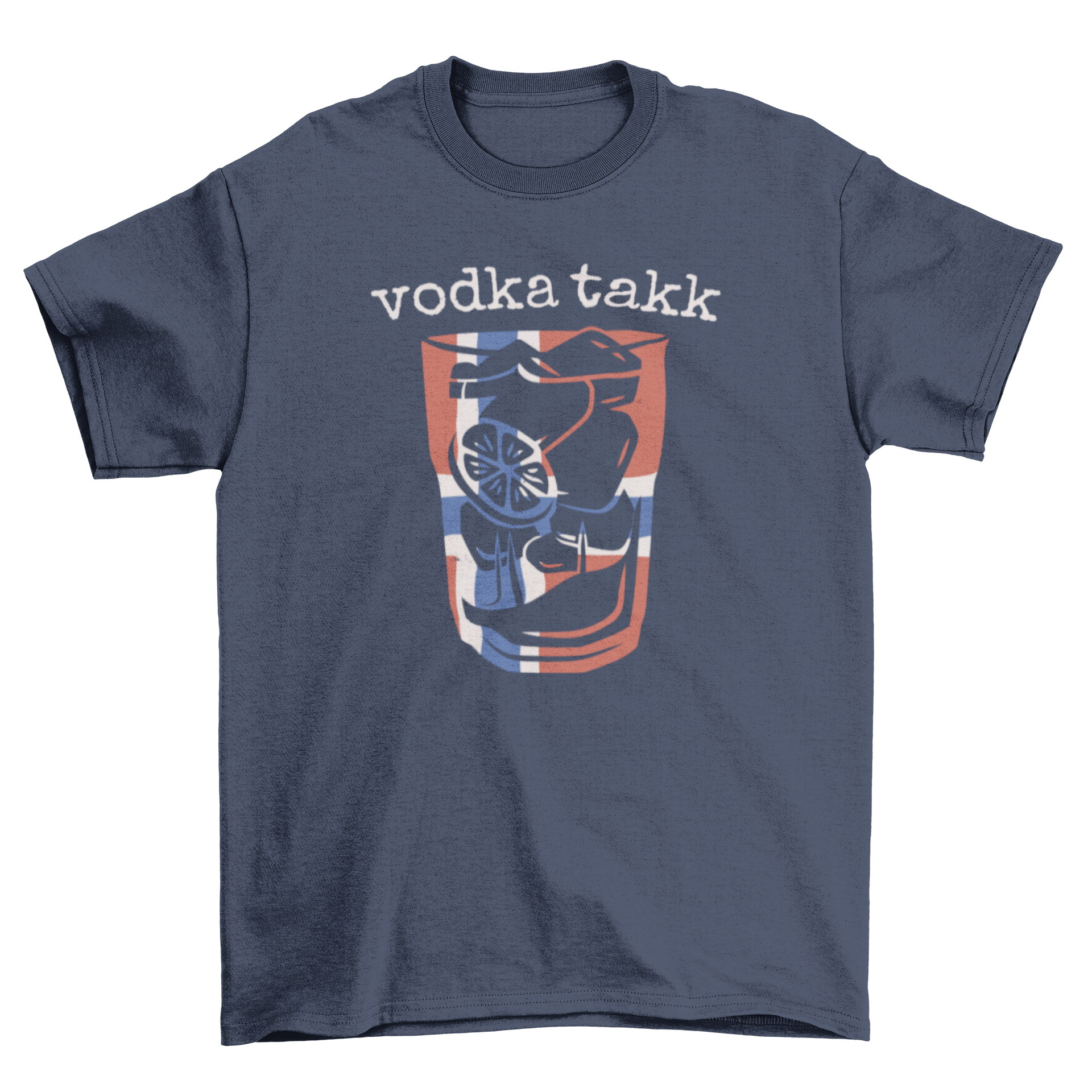 Vodka-themed t-shirt featuring a glass with lemons and ice, and a Norwegian quote that says 'Vodka please'.
