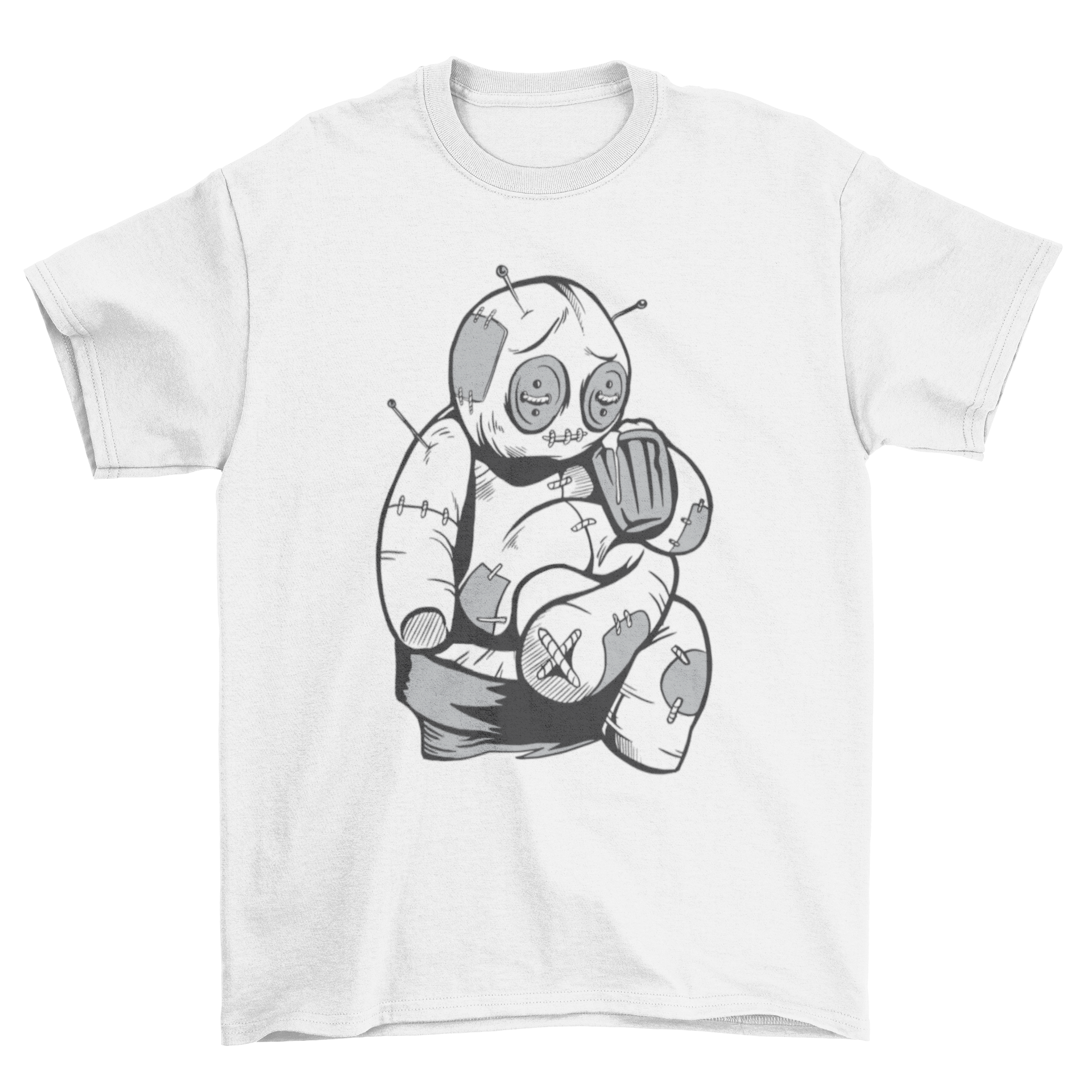 A fun Voodoo Doll Drinking T-shirt featuring a colorful graphic of a voodoo doll holding a beer.