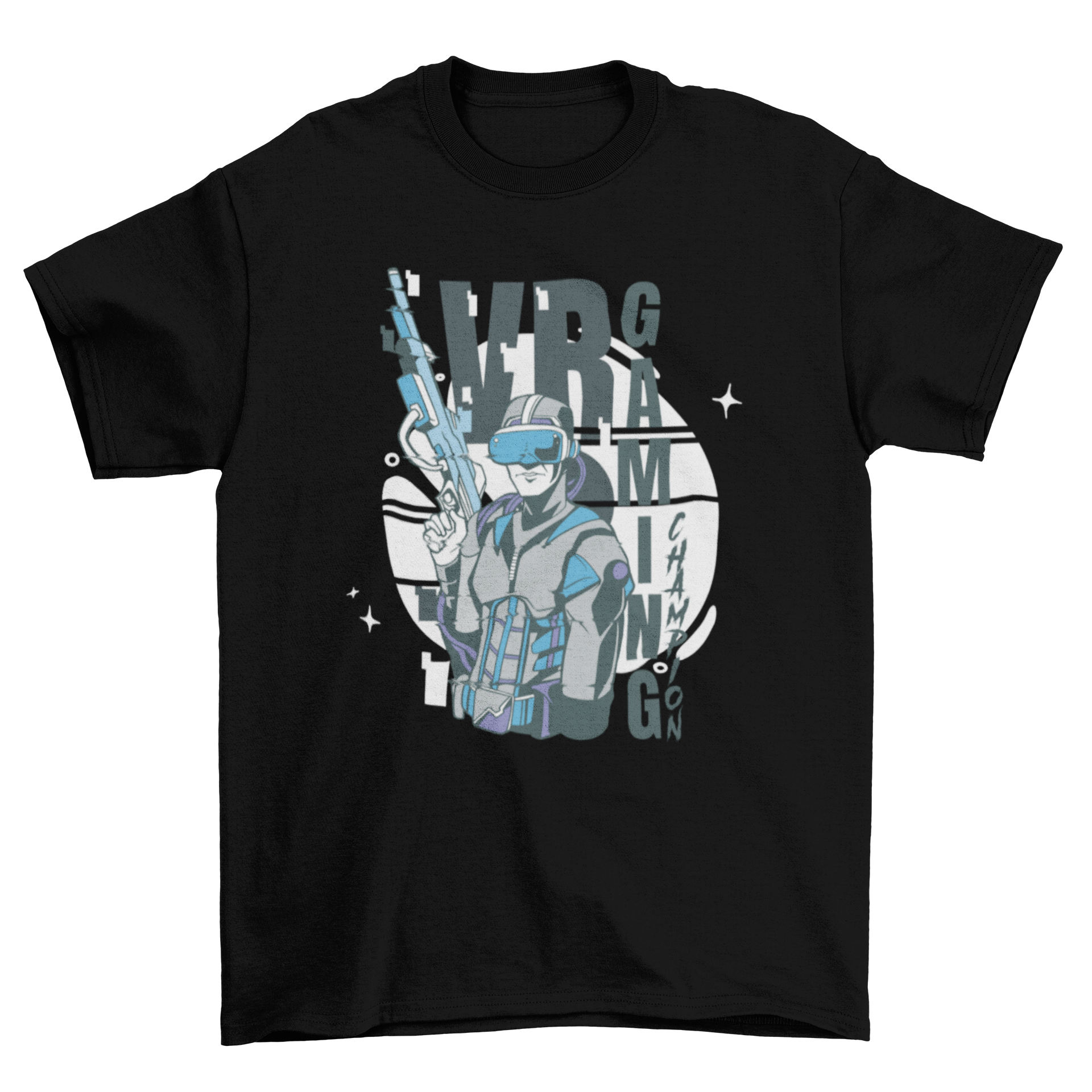 A stylish t-shirt featuring a player wearing VR goggles with the quote 'VR gaming'.