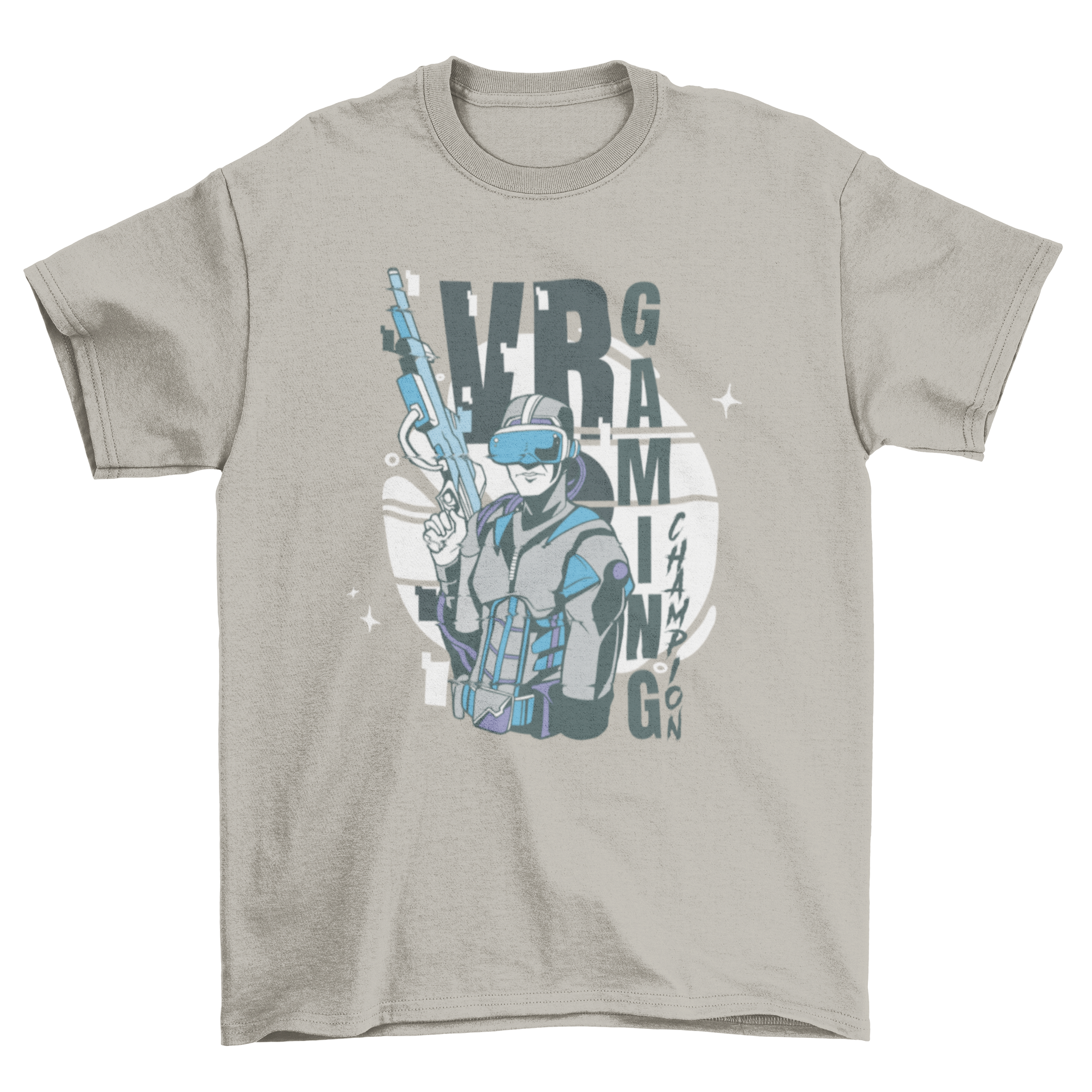 A stylish t-shirt featuring a player wearing VR goggles with the quote 'VR gaming'.