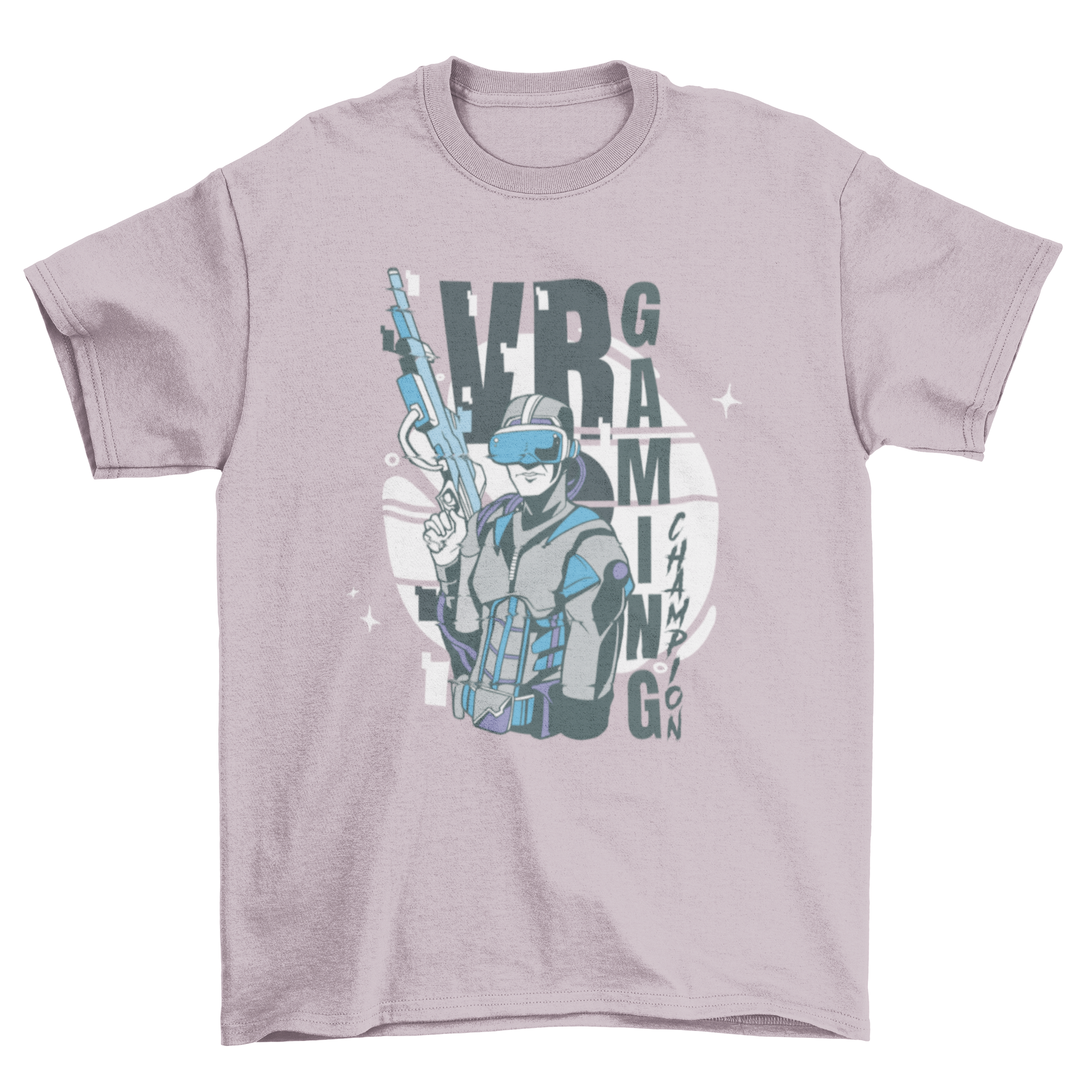 A stylish t-shirt featuring a player wearing VR goggles with the quote 'VR gaming'.