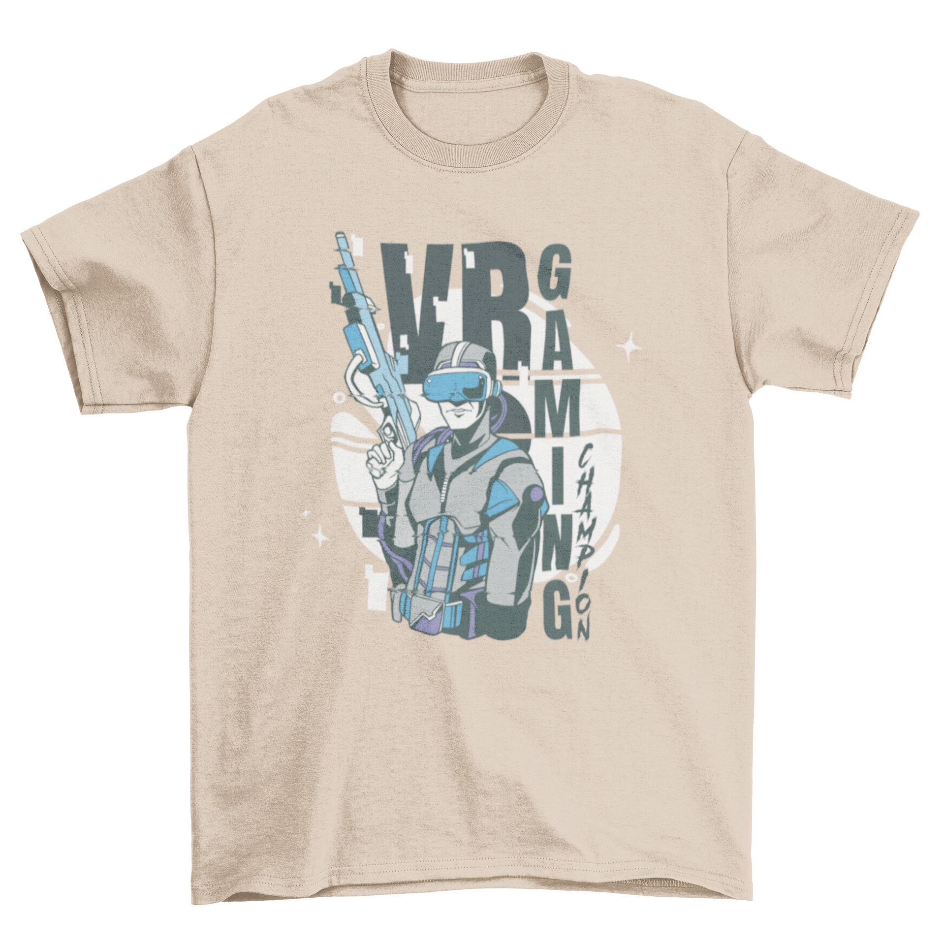 A stylish t-shirt featuring a player wearing VR goggles with the quote 'VR gaming'.