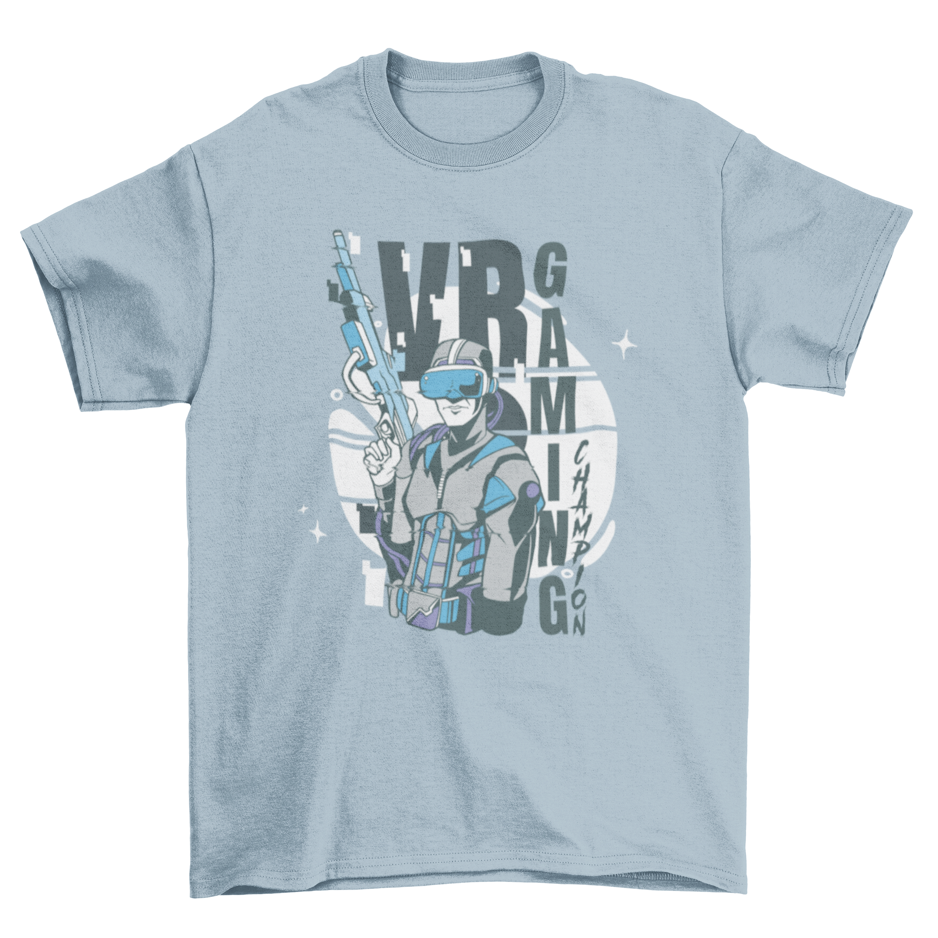 A stylish t-shirt featuring a player wearing VR goggles with the quote 'VR gaming'.