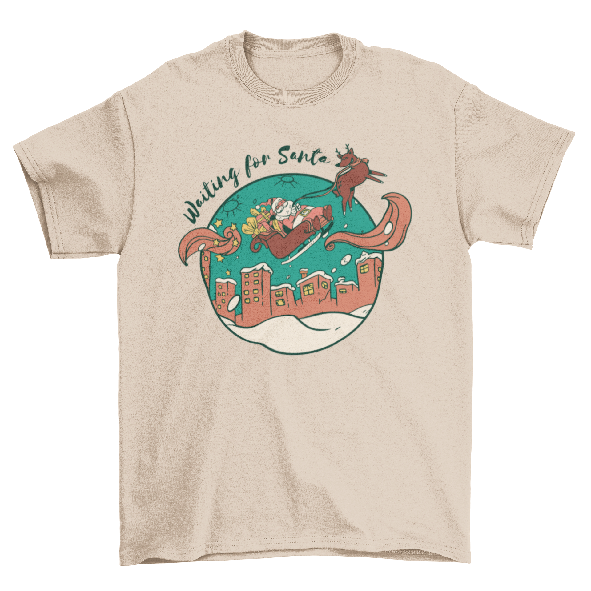 A cute t-shirt featuring Santa Claus flying on his sleigh with the quote 'Waiting for Santa'.