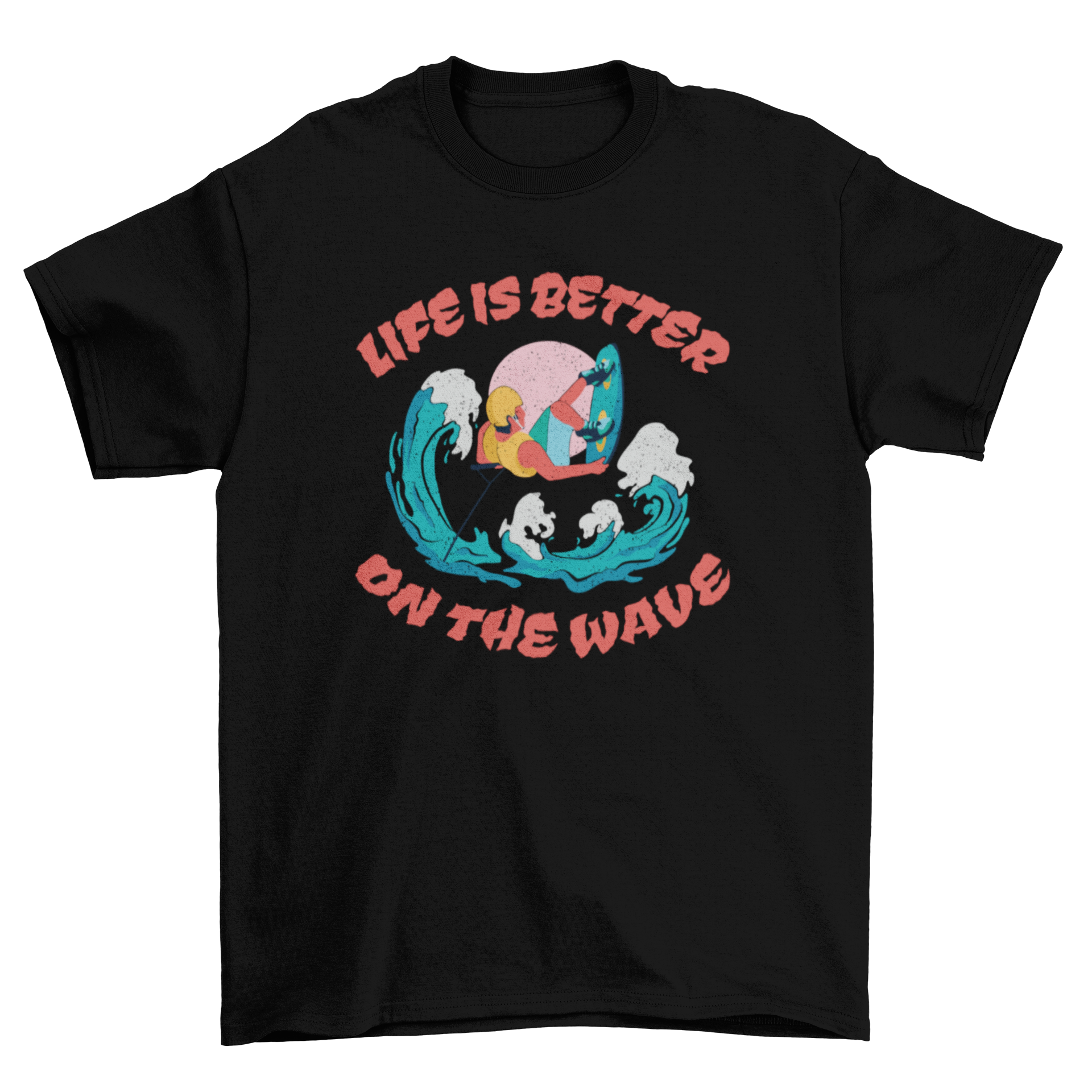 Wakeboarding Quote T-Shirt featuring a wakeboarder and the quote 'Life is better on the wave'.