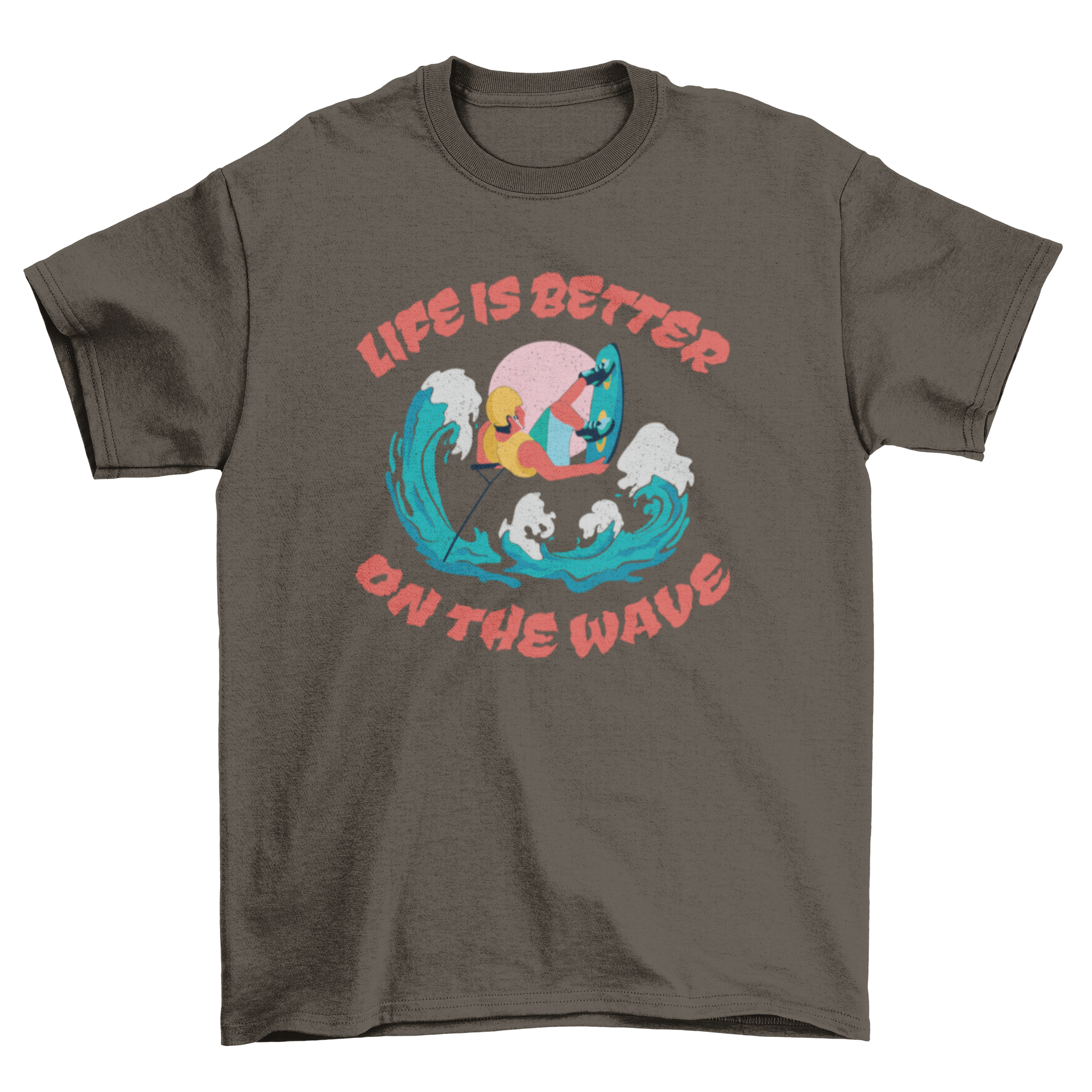 Wakeboarding Quote T-Shirt featuring a wakeboarder and the quote 'Life is better on the wave'.