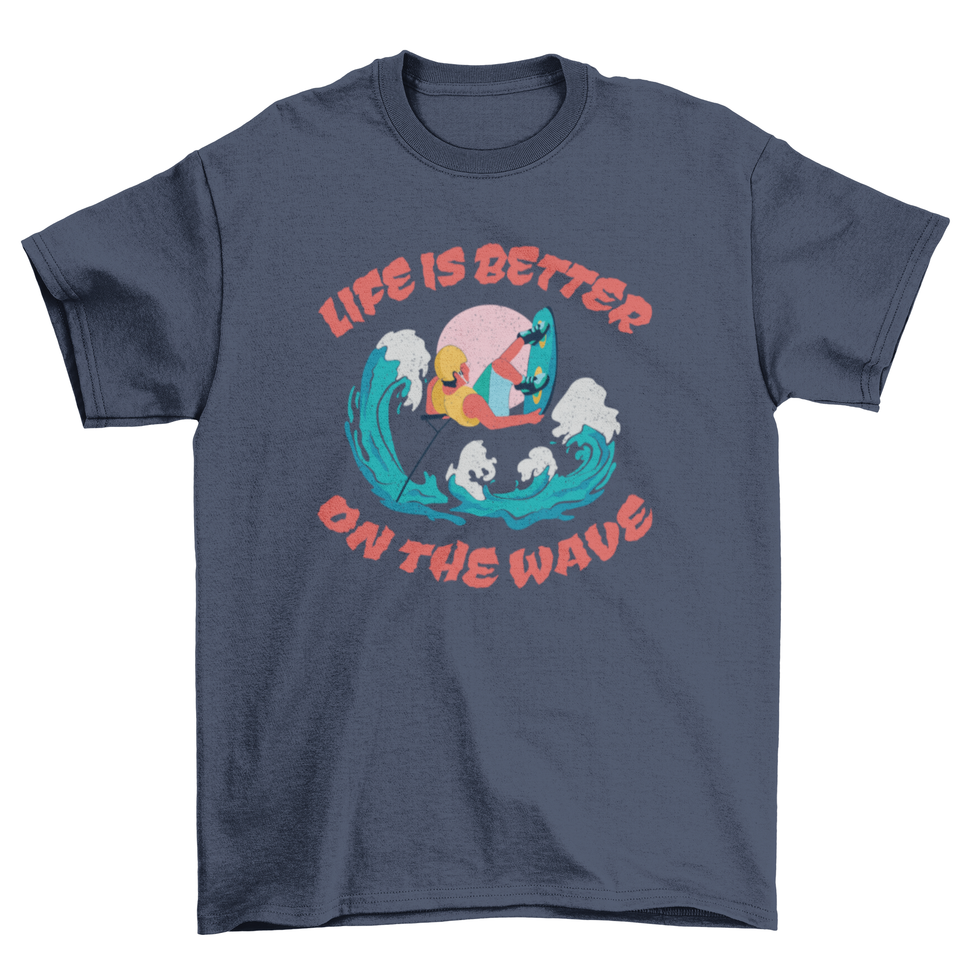Wakeboarding Quote T-Shirt featuring a wakeboarder and the quote 'Life is better on the wave'.