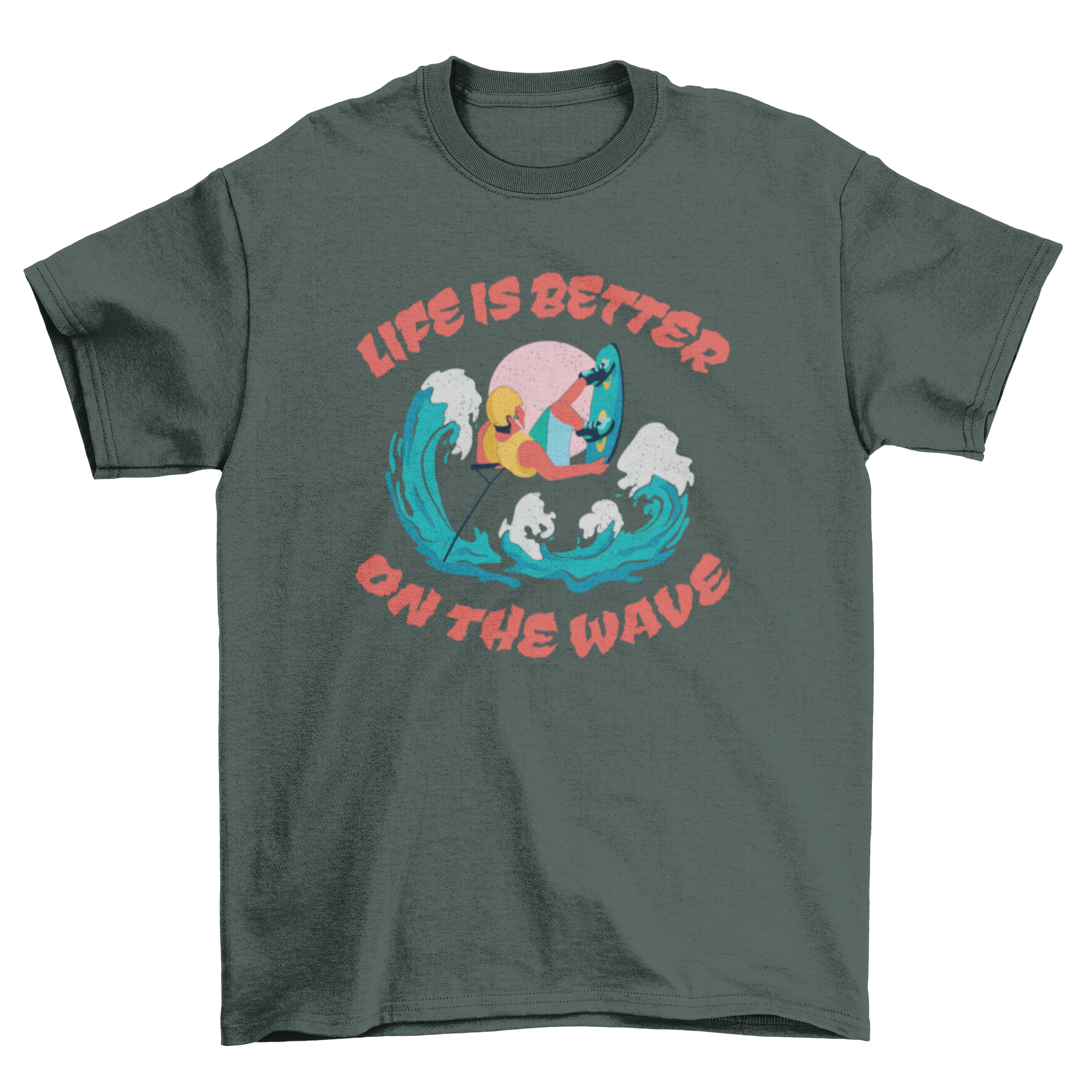 Wakeboarding Quote T-Shirt featuring a wakeboarder and the quote 'Life is better on the wave'.